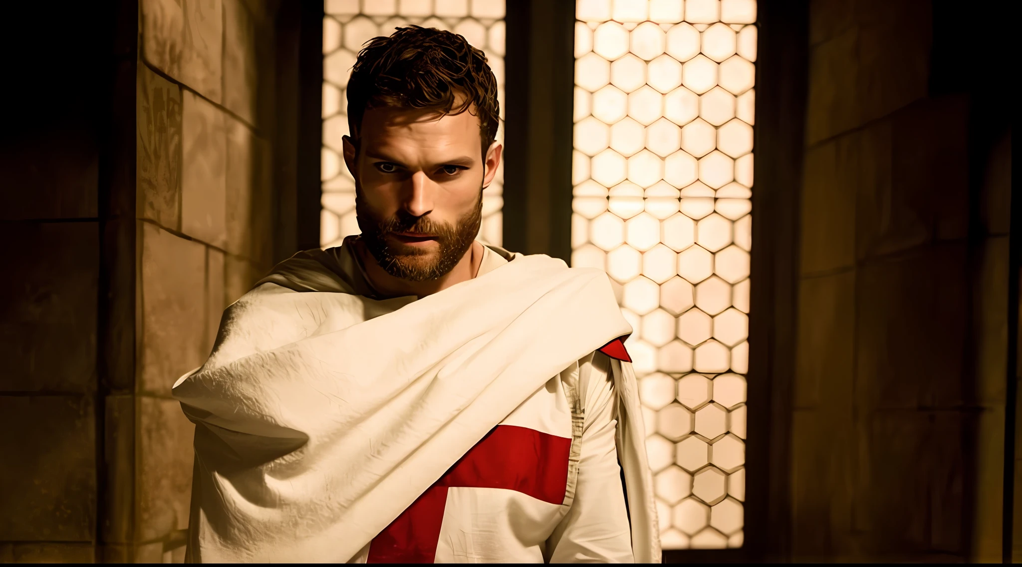 Create a Templar, Knightfall series, wearing white tunic with red cross, dark beard, similar to actor Jamie Dornan, super detail-oriented, realistic, Jamie Dornan, Templar, blue eyes, cinematic style, Knightfall, 8k resolution, best quality, close up.