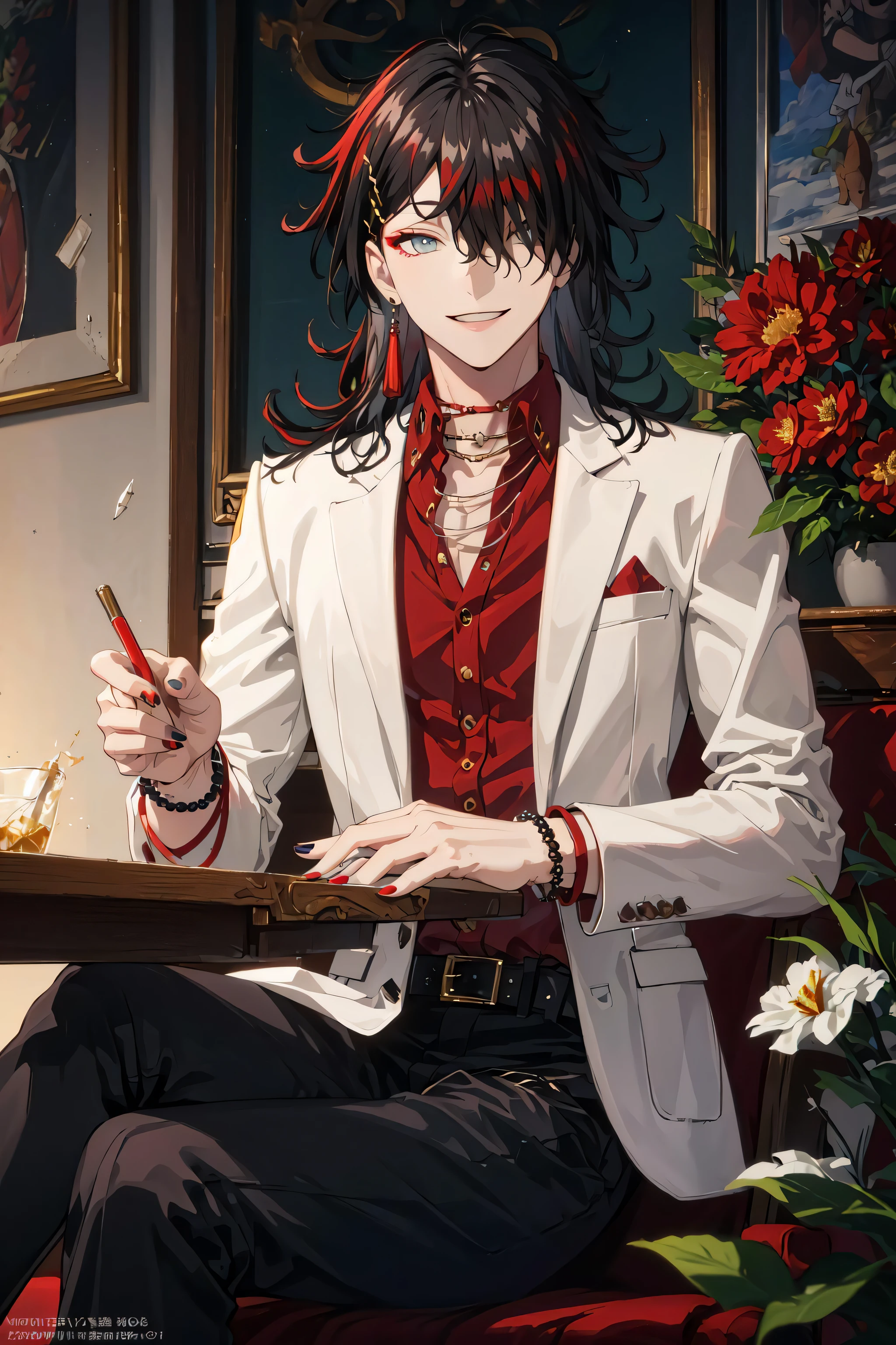(masterpiece:1.2, best quality), (finely detailed beautiful eyes: 1.2), (detailed background,dark fantasy), (beautiful detailed face), high contrast, (best illumination, an extremely delicate and beautiful), ((cinematic light)), colorful, hyper detail, dramatic light, intricate details, ( vox, solo, looking at viewer, shirt, long sleeves, white background, jewelry, sitting, jacket, flower, earrings, open clothes, choker, collared shirt, belt, pants, medium hair, nail polish, hair over one eye, bracelet, feet out of frame, formal, table, white jacket, crossed legs, suit, red flower, red shirt, tassel, beads, single earring, black belt, bead bracelet, tassel earrings, camellia), swirling black light around the character, depth of field,black light particles,(broken glass),magic circle, (((1boy))), ((smile))