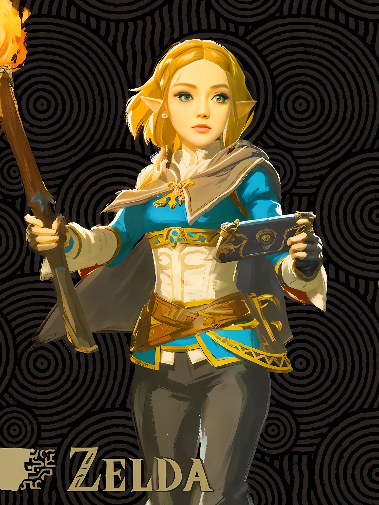 A painting of a woman holding a sword and fire, Zelda botw, botw style, portrait of zelda, breath in wilderness style, botw, zelda, finely portrayed face, finely portrayed eyes, wild breathing art style, zelda and the three forces, heroine, zelda style art, zelda's breath of the wild, portrait of princess zelda, from the legend of zelda --auto --s2