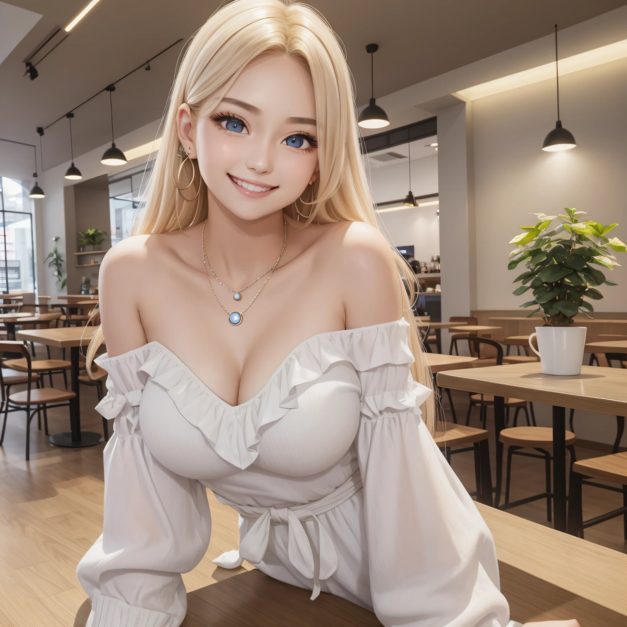 A age idol in a modern café, off-the-shoulder white top, round face, full accessories, necklace, clear big eyes, long eyelashes, breast enlargement, thin waist, light makeup, neat teeth, smiling face, light hair radiating halo --auto