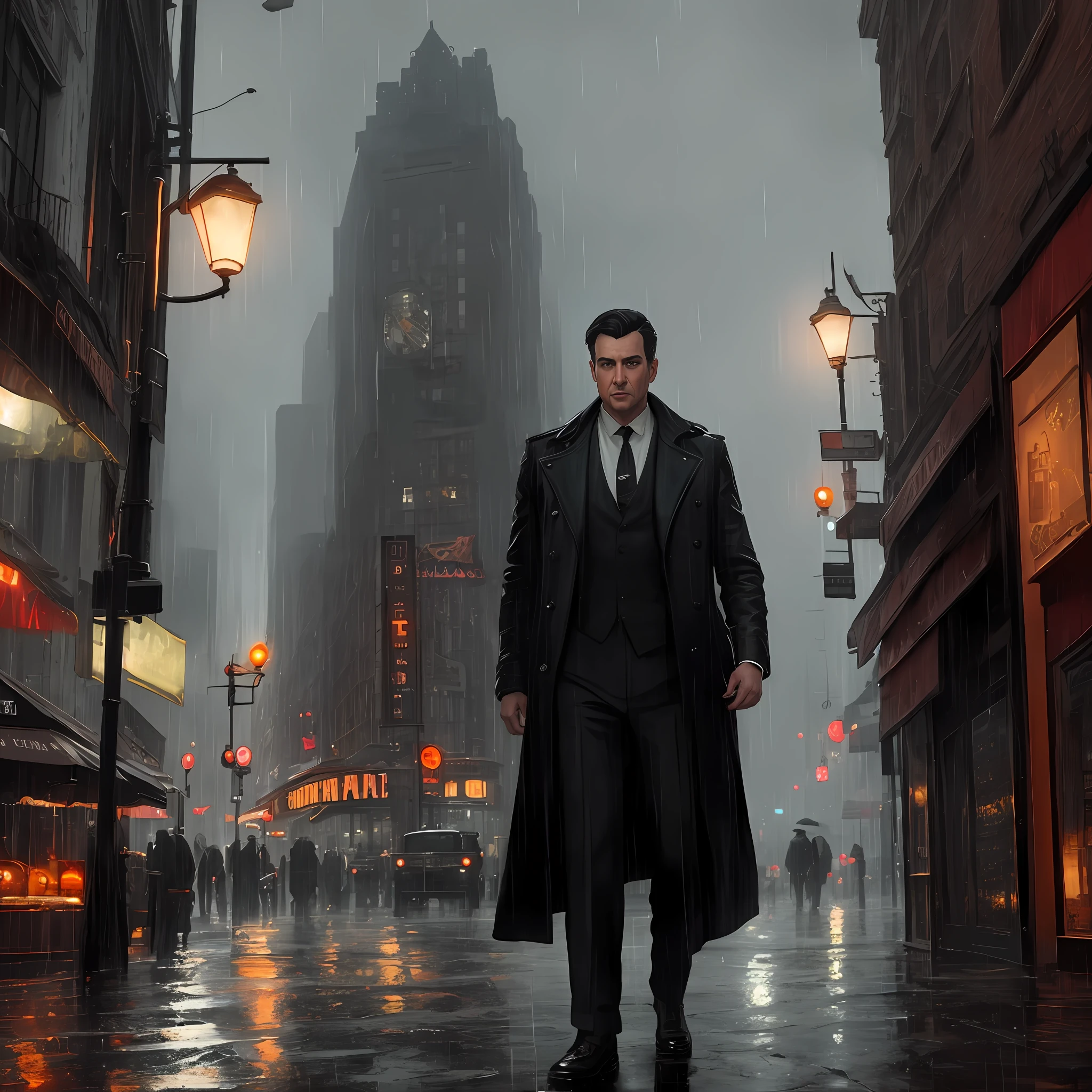 (masterpiece,best quality: 1.2), ultra-detailed face, (muted colours:1.2, dark studio, rim lighting, two tone lighting, dimly lit, low key, ), ((heavy rain weather)),long leather rain coat,
a poster for a 1930s \(style\), noir detective movie,(noir atmosphere:1), gloomy atmosphere,night city street, emphasis on noir colors, New York in the 1930s, and Detective Jack Sullivan just returned to his office after a long day of pounding the pavement, trying to solve the latest case that had been thrown his way. It was a tough one, and he was no closer to finding the perpetrator than he was when he started,trending on ArtStation, trending on CGSociety, Intricate, High Detail, dramatic, photorealistic painting art by midjourney and greg rutkowski,