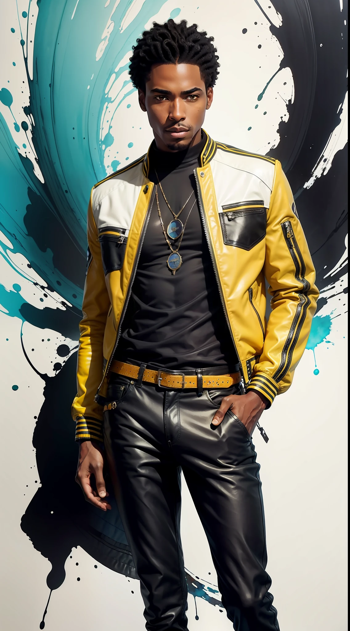 A black man with black hair and light green eyes, wearing yellow leather jacket, blue jeans and brown dress shoes, with scattered outlines and white background, intricate details, low key, watercolor, splash