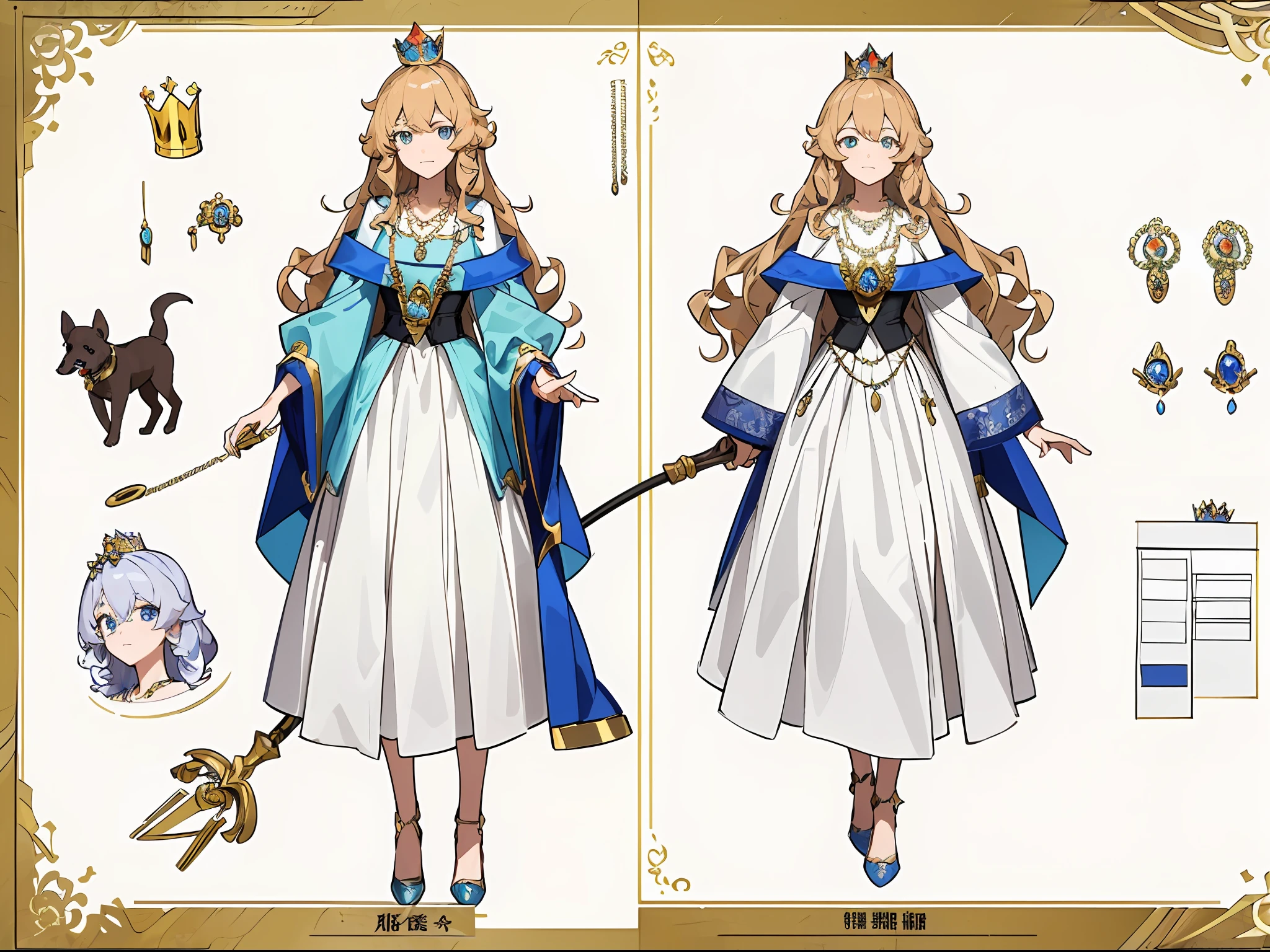 (Masterpiece, best quality) detailed, character sheet, character sheet, many items (the same person, crown, necklace, scepter, shoes, decoration, many parts, hunting dog), princess, carefully good-looking eyes, good-looking perfect face, long curly hair, full of details