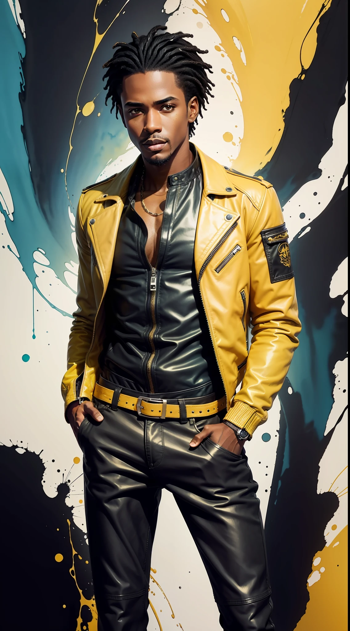A black man with black hair and light green eyes, wearing yellow leather jacket, blue jeans and brown dress shoes, with scattered outlines and white background, intricate details, low key, watercolor, splash