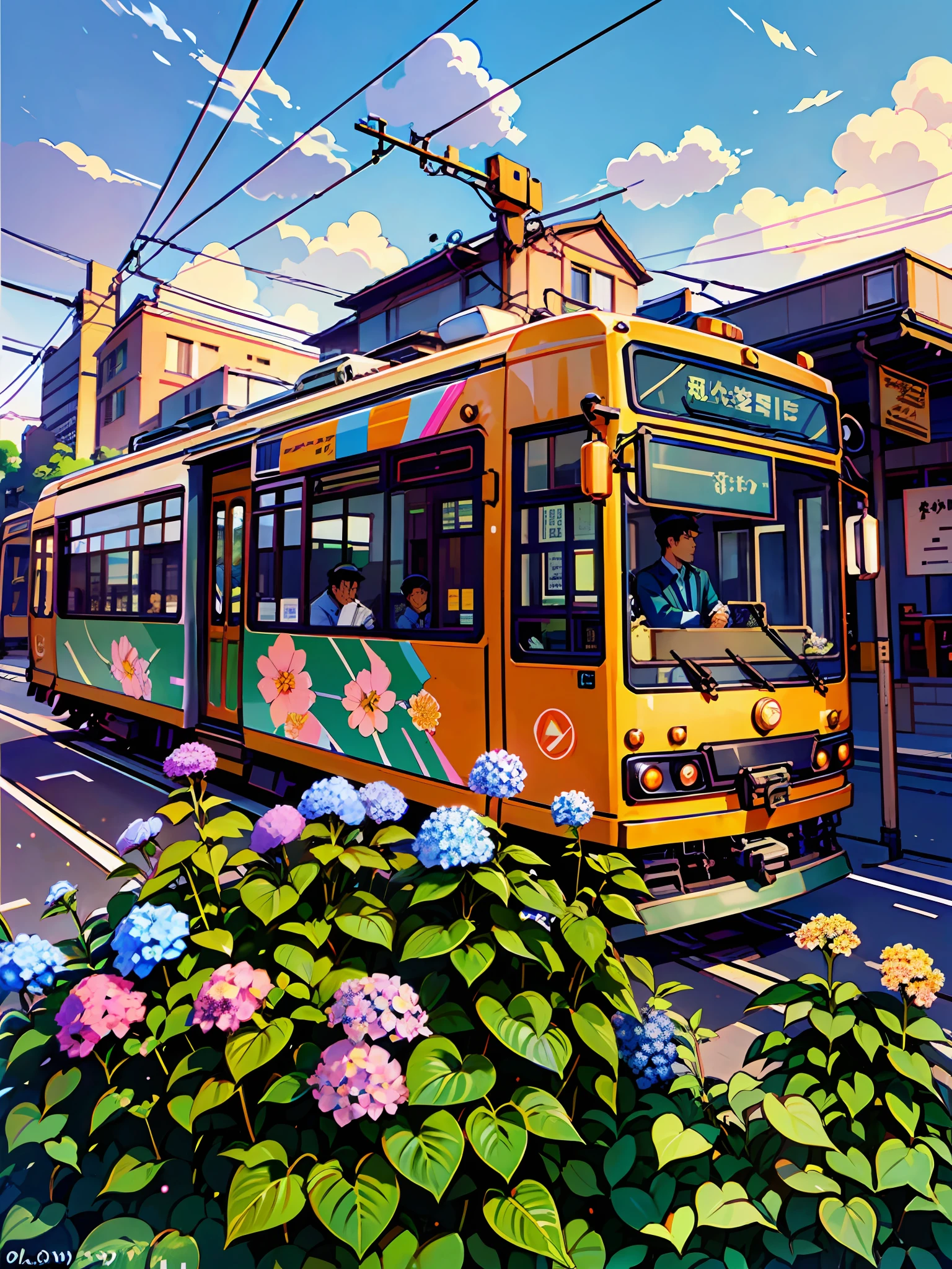 (Best Quality: 0.8), (Best Quality: 0.8), Perfect Anime Line Drawing Illustration, Arakawa Line, Tram, Rose Flower, Hydrangea, (Driver in Duty Uniform), Evening Tone, Lo-Fi, Lofi, Roffey, Orange Tone