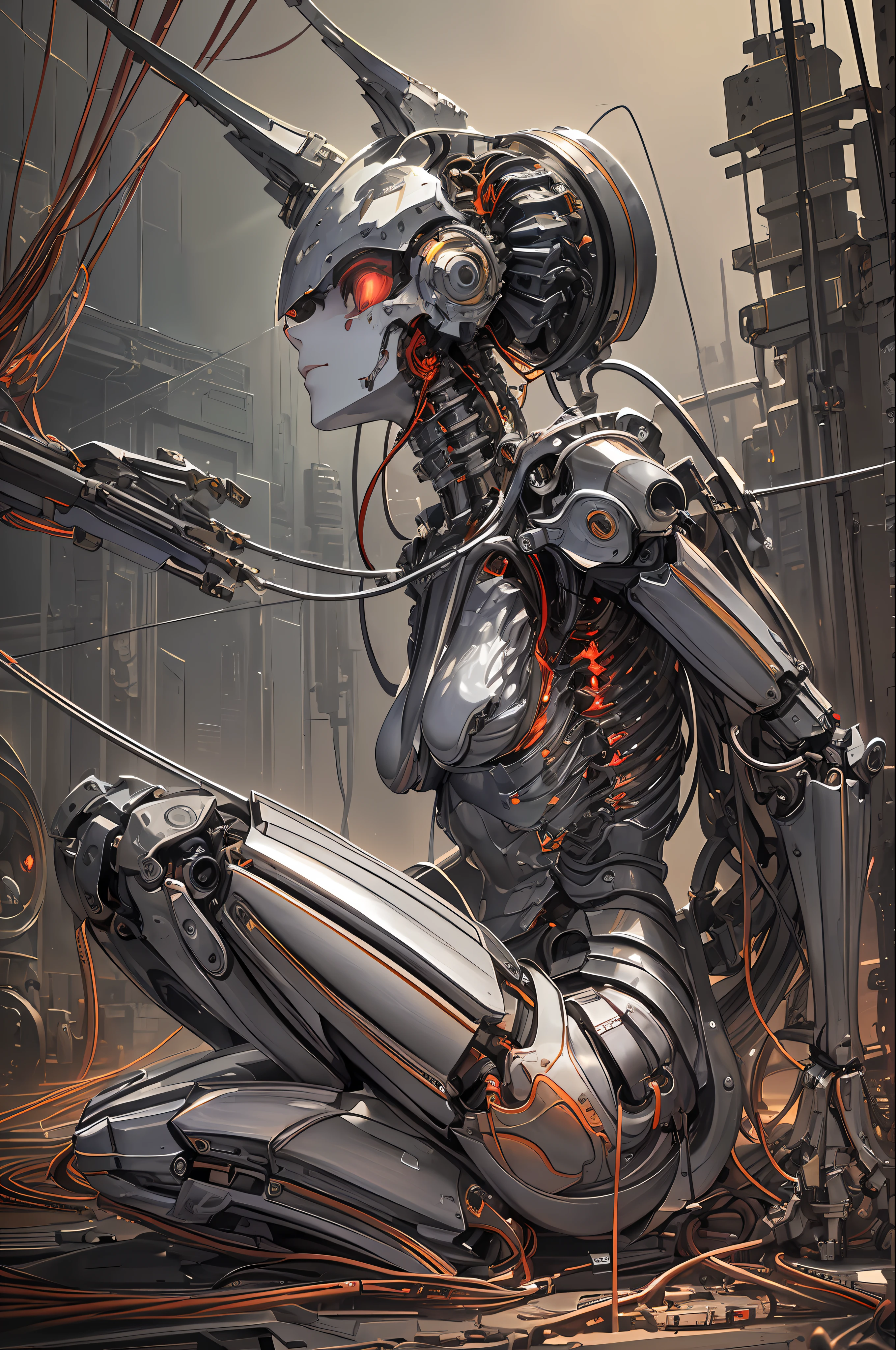(((masterpiece))), ((best quality))), ((ultra-detailed)), (CG illustration), ((an extremely delicate and beautiful)), (from side), cinematic light, ((1 mechanical girl, human head cat body, fierce expression, attack stance)), single, full-body , (machine-made joints: 1.2), ((mechanical limbs)), (blood vessels connected to tubes), (mechanical spine connected to the back), ((mechanical cervical vertebrae attached to the neck)), (sitting), expressionless, (wires and cables around the neck: 1.2), (wires and cables on the head: 1.2) (character focus), (small people working around), sci-fi, extremely fine, colorful, thinnest