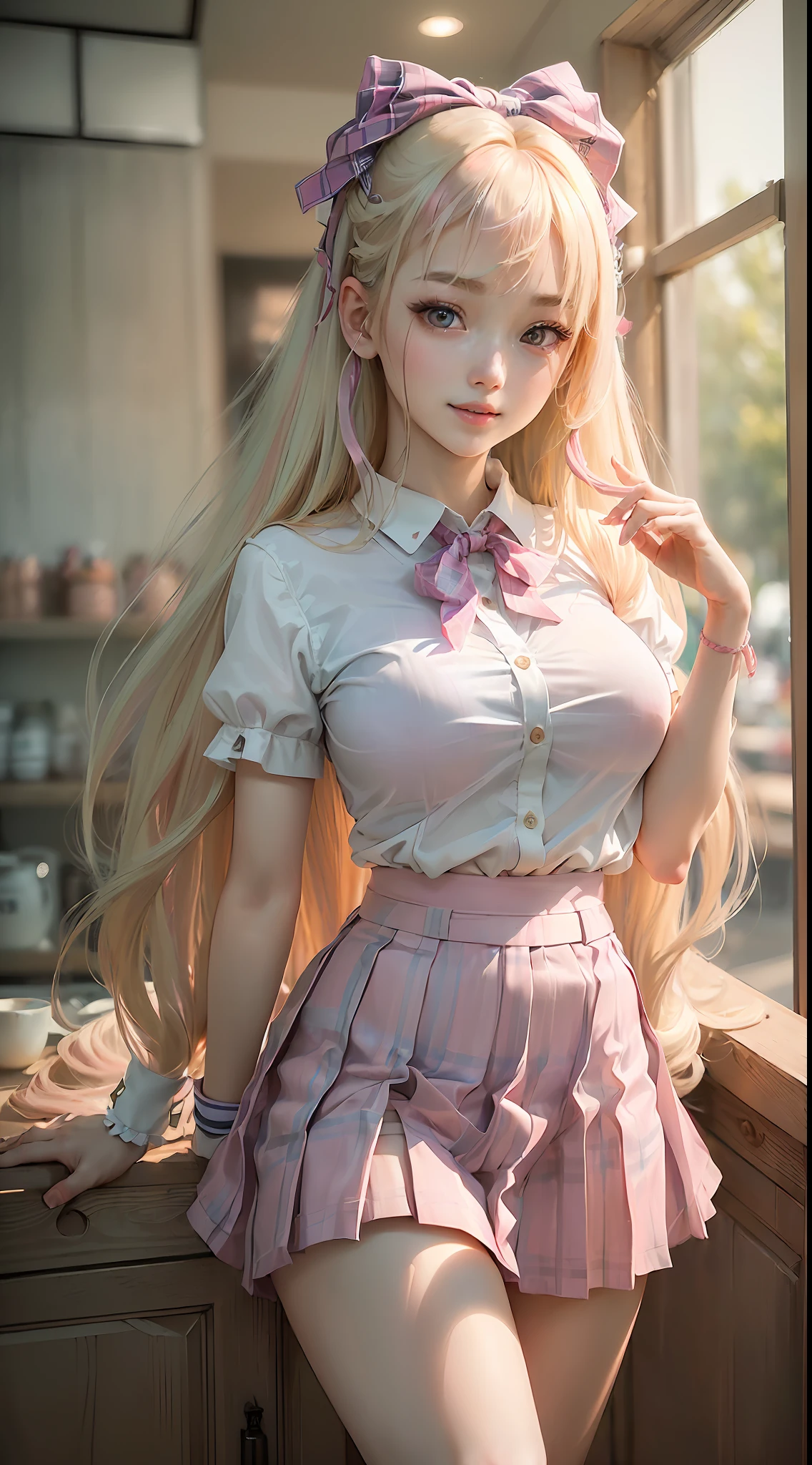 (best quality, masterpiece:1.4), (1 girl:1.1), (from below:1.1), (korean mixed, kpop idol:1.2), (cute 19 age old korean girl:1.2), (pale skin:1.2), (slender:1.2), (white shirt + pink plaid micro pleated skirt:1.3), (blue blonde hair + very long straight hair:1.3), (large breasts:1.3), looking at viewer, (standing, model pose, neck ribbon:1.2), (white panties:1.3) (beaming smile:1.1), (coffee shop:1.2)
