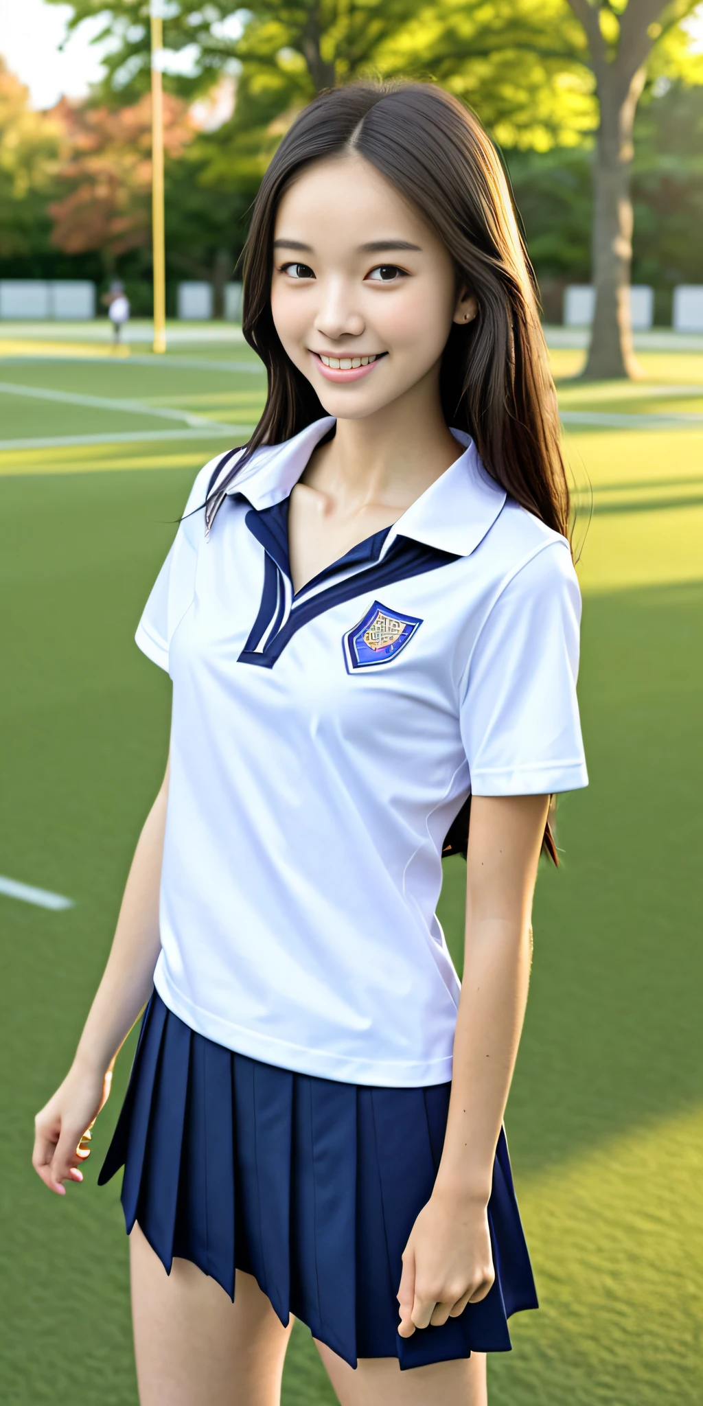 neat college girl, petite, (school uniform, Y-shirt, summer clothes), outside the athletic field, (slim), photorealistic, detail, skin texture, ultra detail, delicate and sexy collarbone, smile, super detailed face, detailed lips, detailed eyes, double eyelids, small breasts, small breasts, small, flat breasts, breast enhancement