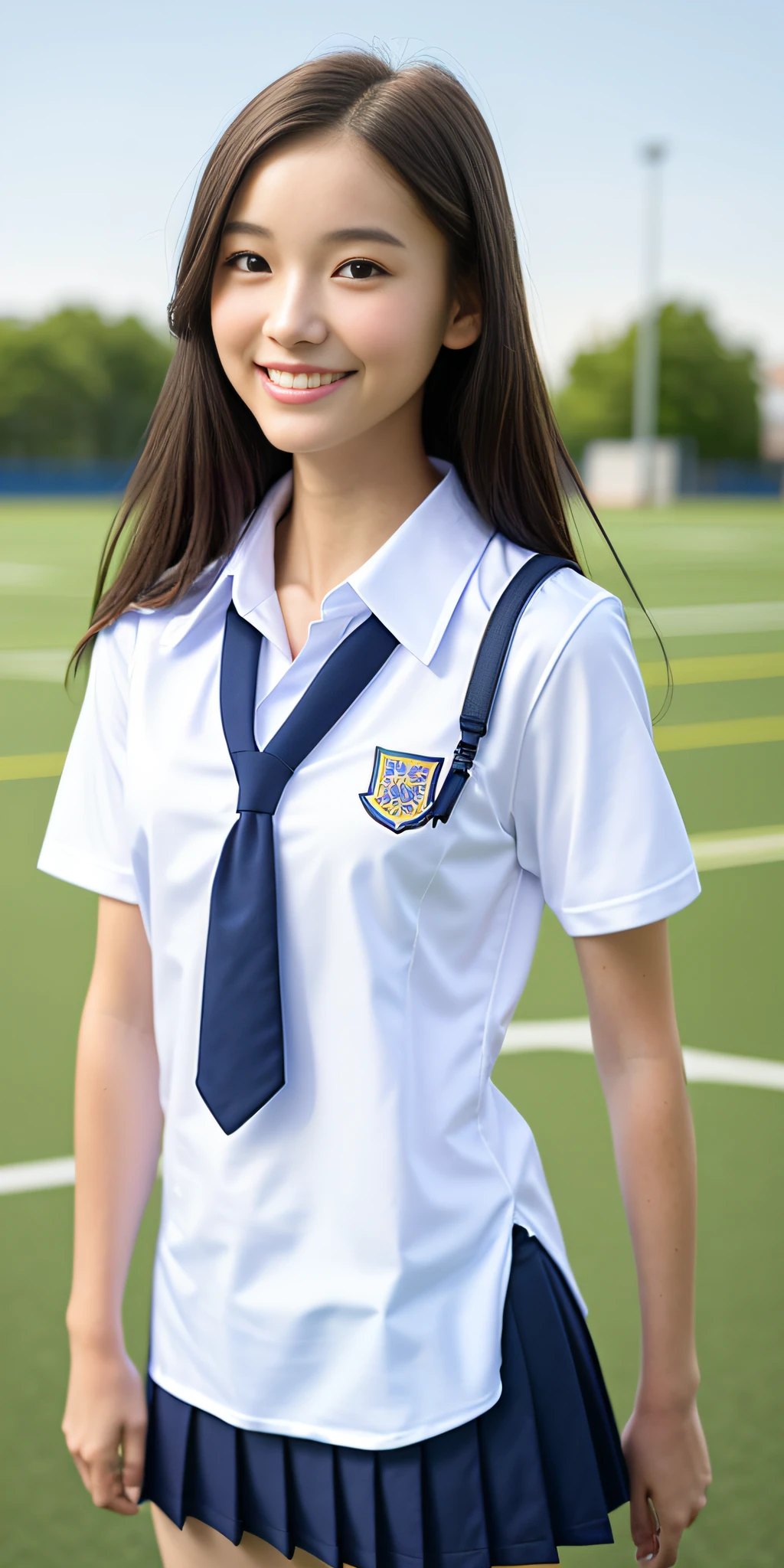 neat college girl, petite, (school uniform, Y-shirt, summer clothes), outside the athletic field, (slim), photorealistic, detail, skin texture, ultra detail, delicate and sexy collarbone, smile, super detailed face, detailed lips, detailed eyes, double eyelids, small breasts, small breasts, small, flat breasts, breast enhancement