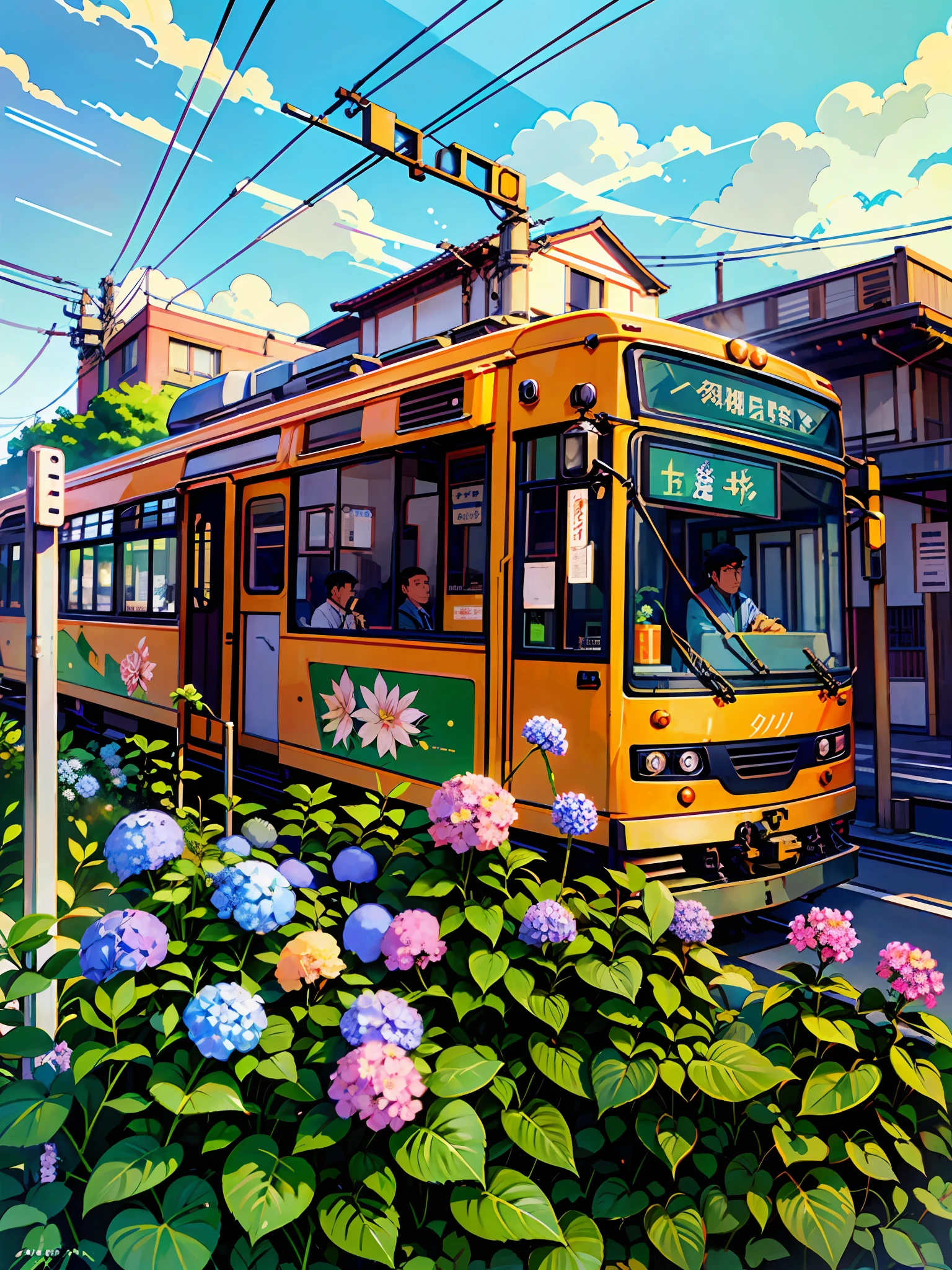 (Best Quality: 0.8), (Best Quality: 0.8), Perfect Anime Line Drawing Illustration, Arakawa Line, Tram, Rose Flower, Hydrangea, (Driver in Duty Uniform), Evening Tone, Lo-Fi, Lofi, Roffey, Orange Tone