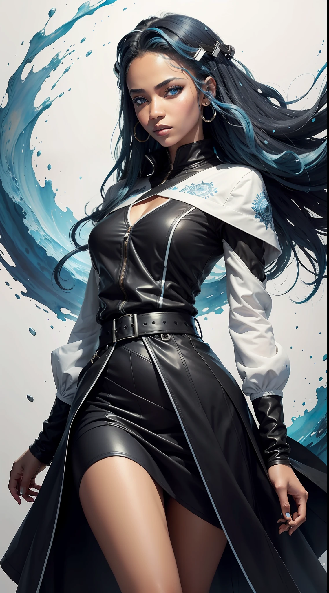A black woman with degrade blue hair and light blue eyes, wearing black blaser, skirt, with scattered contours and white background, intricate details, low key, watercolor, splash