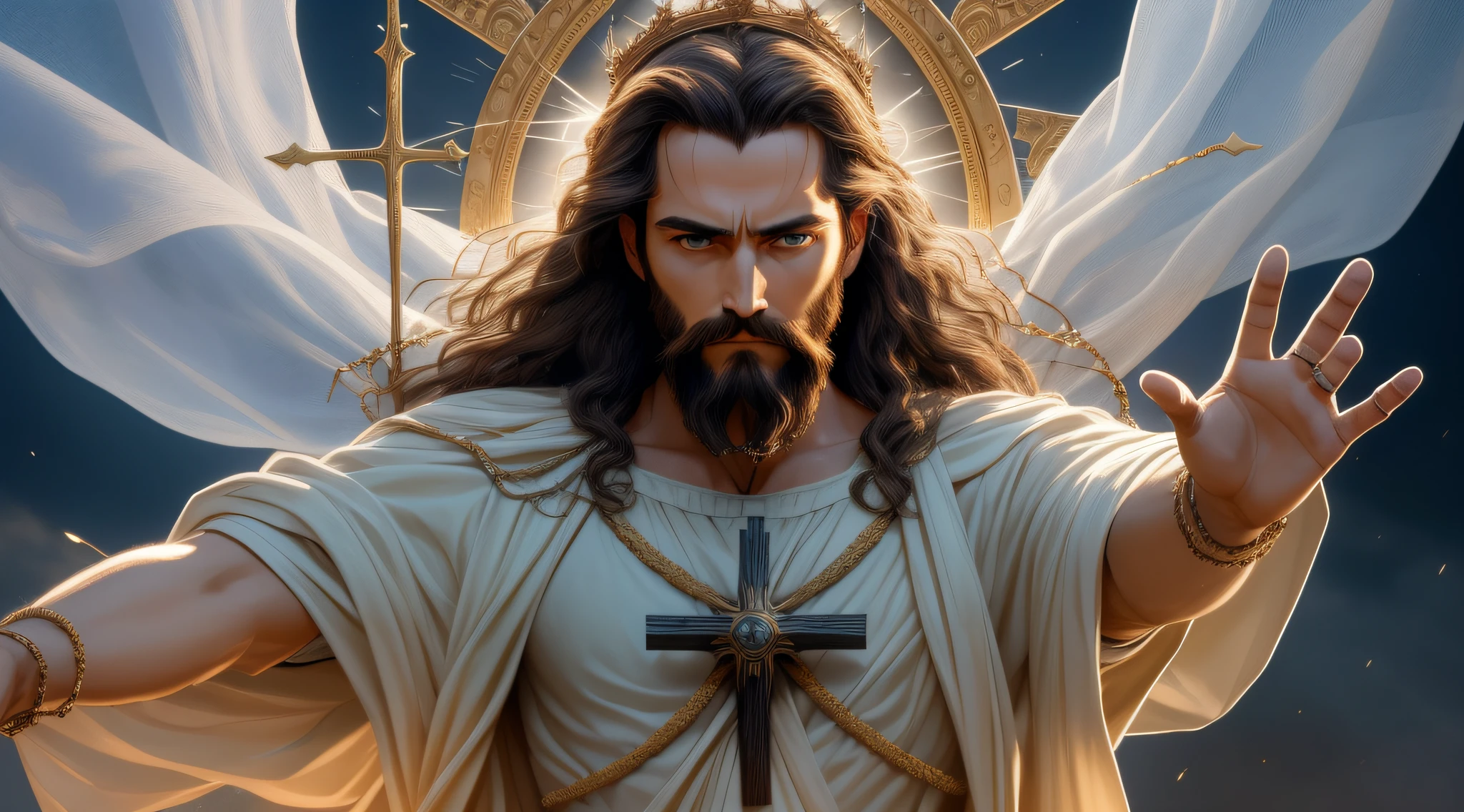 (extremely detailed CG 8k wallpaper unit, masterpiece, best quality, ultra-detailed), better lighting, better shadow, an extremely delicate and beautiful, floating, [(1 figure), jesus crucified, crown of thorns, savior, (beard), (blue eyes), (divine light), outstretched hands, (nail wounds, hands), dramatic angle], (vastness), (sacred atmosphere).