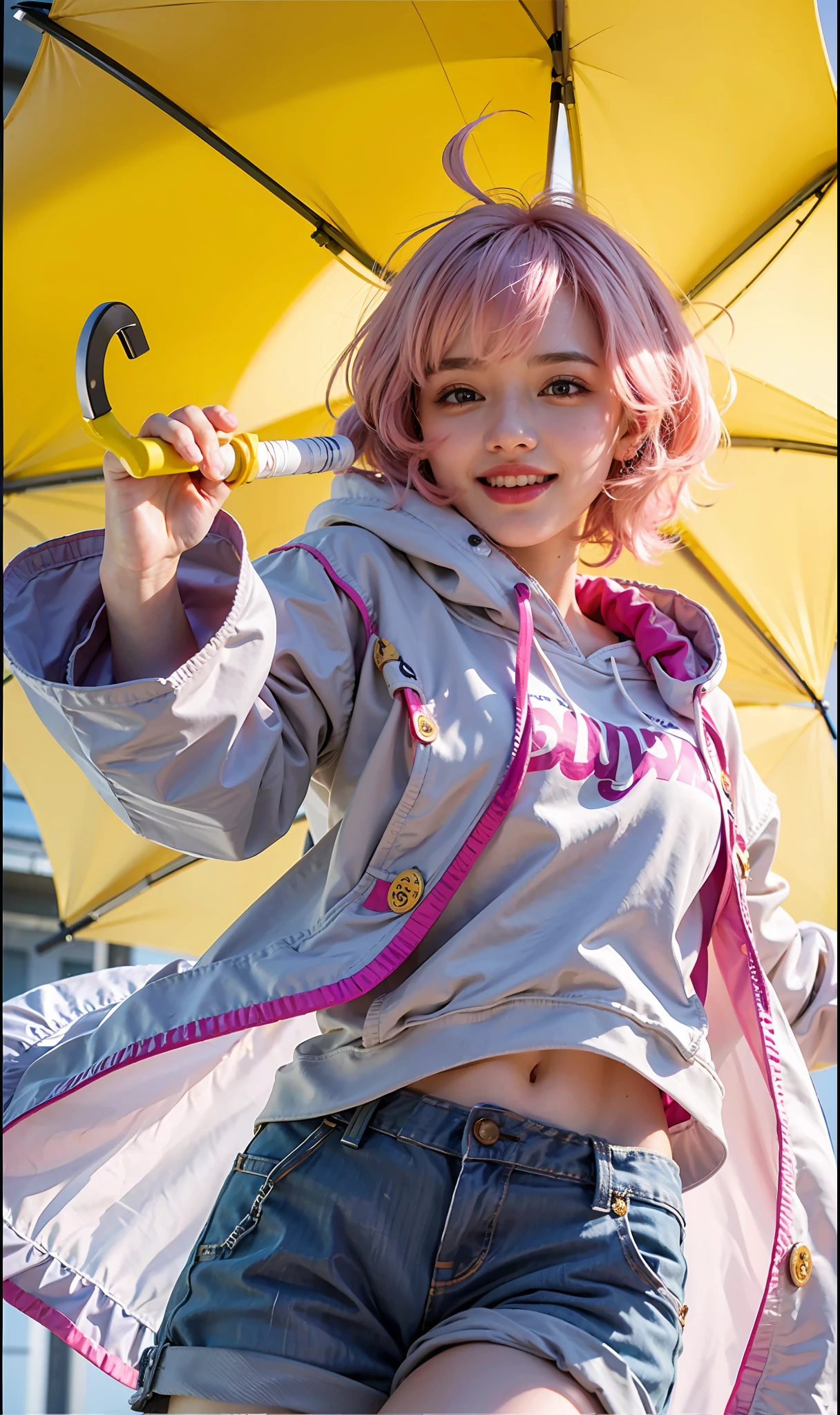 ((Top Quality, 8k, Masterpiece: 1.3)), Beauty, 1 Girl, pretty girl, blush, lovely smile, holding an yellow umbrella, short pink hair, Hoodie, dynamic colours, dynamic lighting