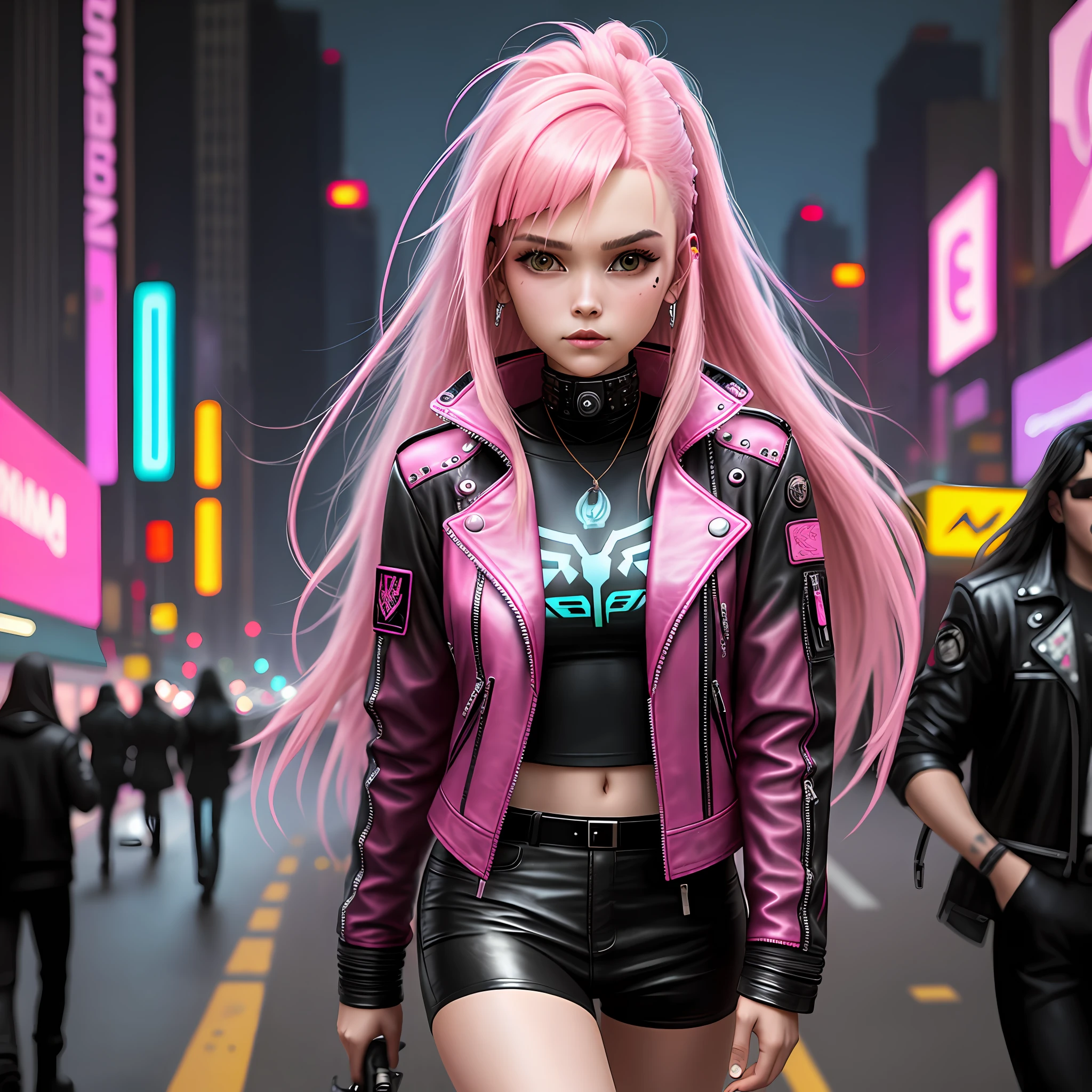 Cyberpunk 1 Girl Leather Jacket Long Hair City Cute Pink Hair