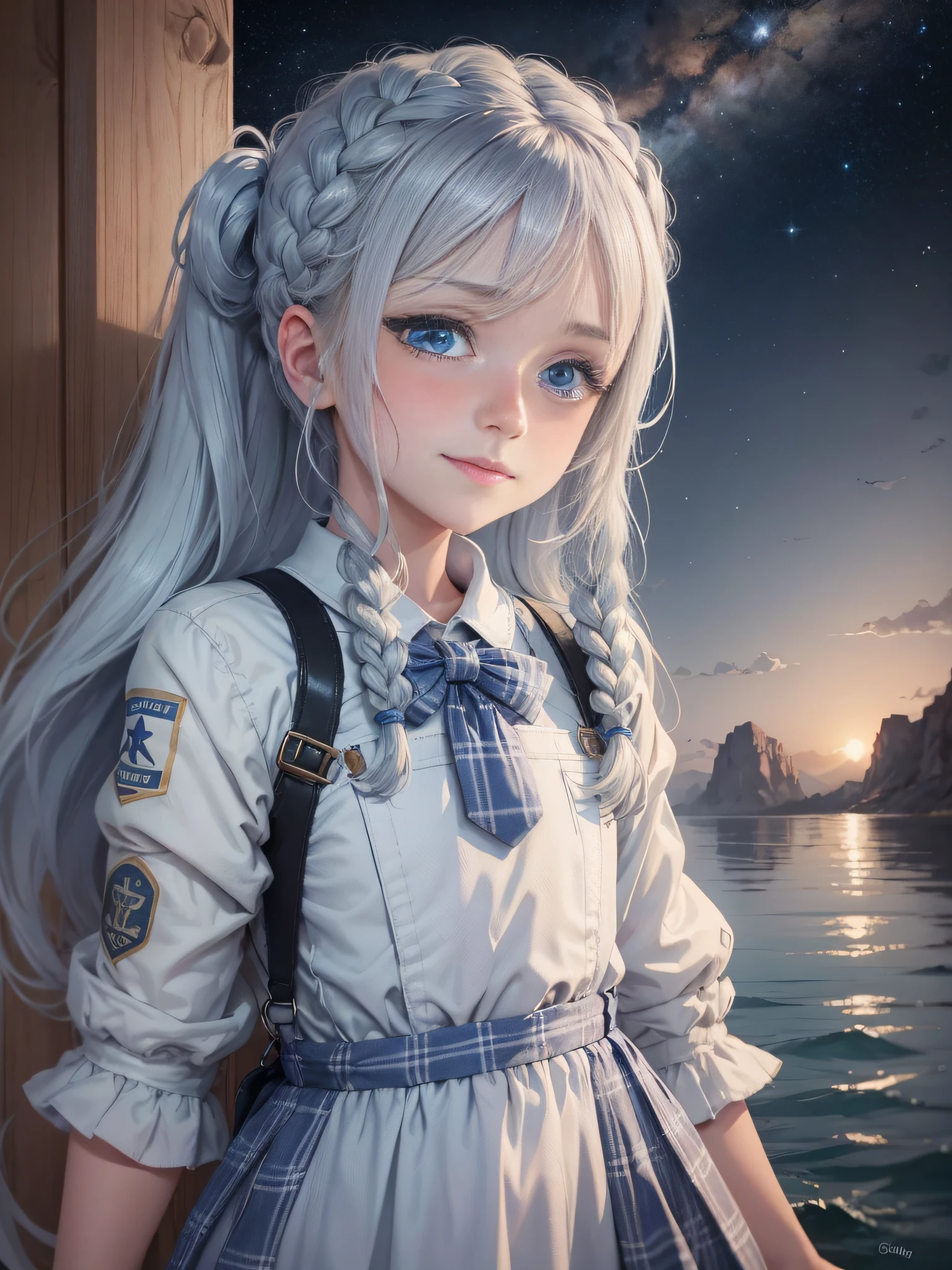 {masterpiece}, best quality, illustration, single,{1girl},{beautiful detailed eyes}, beautiful detailed stars, beautiful detailed galaxy, beautiful detailed sky, beautiful detailed water, beautiful ,{shorts}, cinematic lighting, blue eyes , silver hair ,white uniform,{{blue plaid bow}},long sleeves, long hair, {{white dungarees}} ,{agoge}, braided ponytail, bright eyes, light smile,{star in eyes},{sparkling anime eyes},blue collar, blighting stars ,,