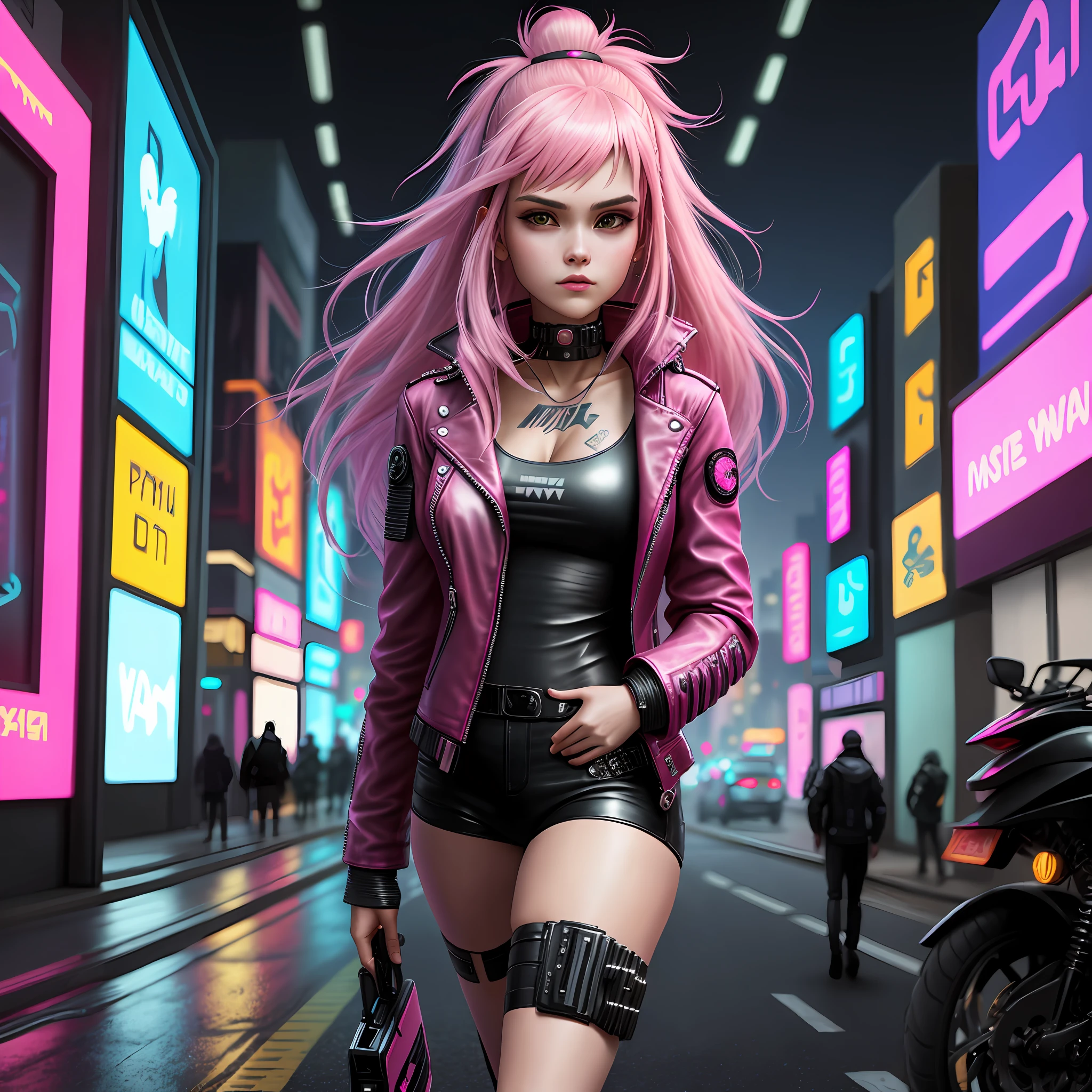 Cyberpunk 1 Girl Leather Jacket Long Hair City Cute Pink Hair