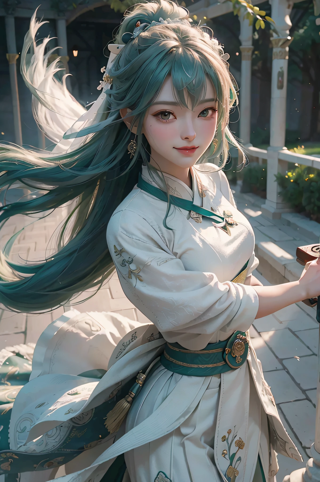 (RAW Photo, Best Quality), (Realistic, Photorealistic True: 1.3), Best Quality, Highly Detailed, Masterpiece, Hyper Detail, Illustration, 1 Girl, Smile, Green Hair, White Wedding Dress, Wielding a Sword, upper_body, Dynamic Angle, World Mastery Theatre, Flying Long Hair, Fluores cent white, Dynamic fire inbackground, Best Quality, Extremely detailed CG unified 8k wallpapers, ink, amazing, movie lights, lens_flare, wuxia_style