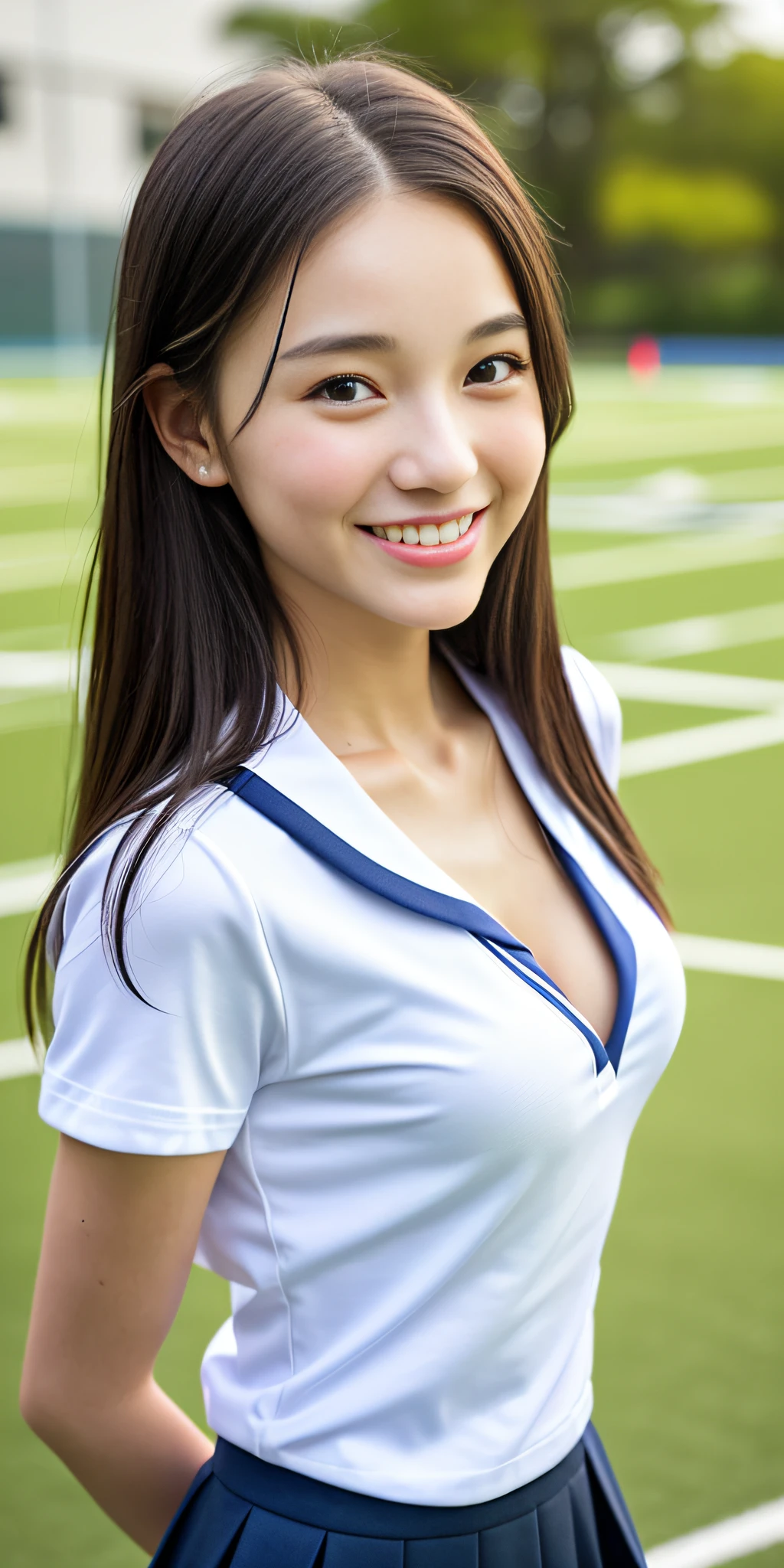 neat college girl, petite, (school uniform, Y-shirt, summer clothes), outside the athletic field, (slim), photorealistic, detail, skin texture, ultra detail, delicate and sexy collarbone, smile, super detailed face, detailed lips, detailed eyes, double eyelids, small breasts, small breasts, small, flat breasts, breast enhancement