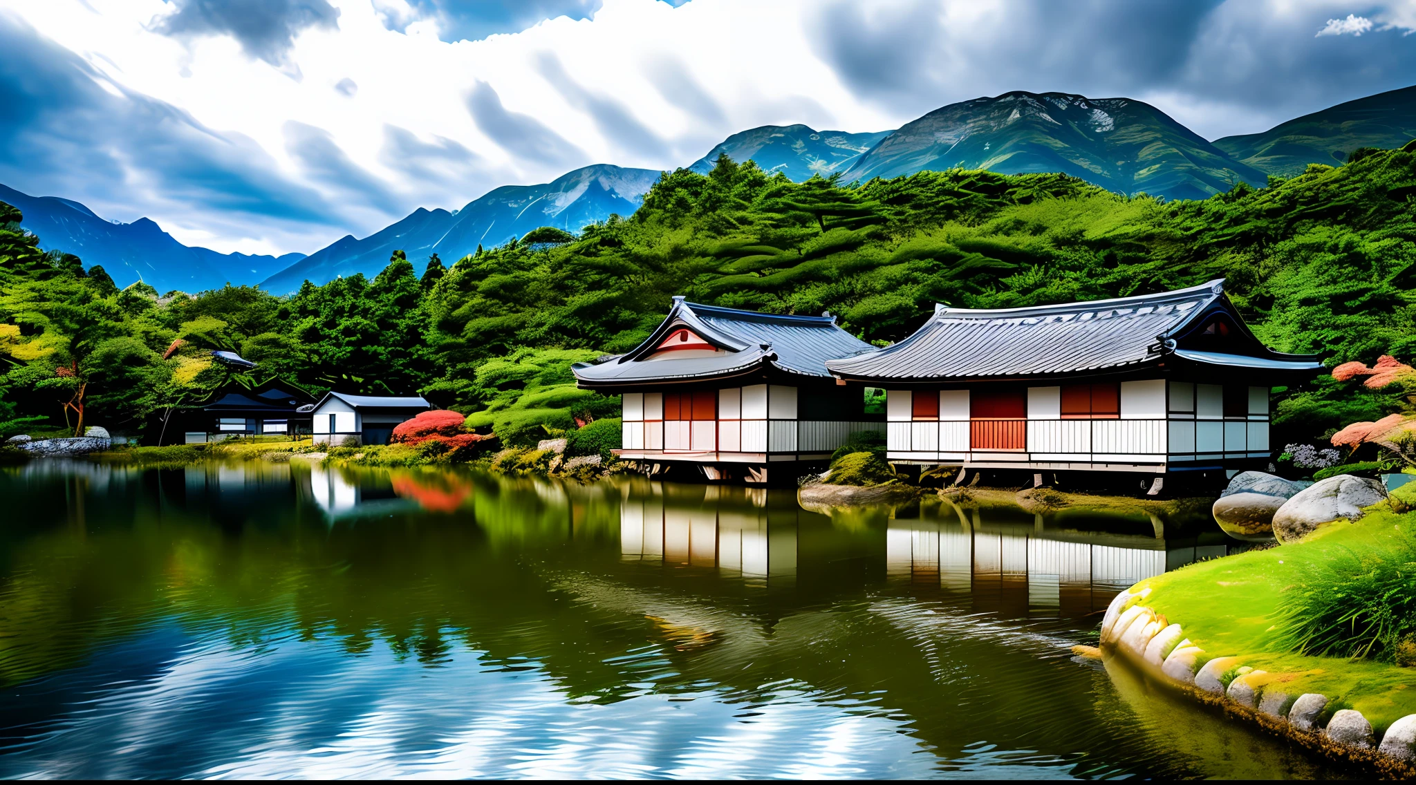 Small main Japanese house by the storage lake, beautiful clouds, moutain, RAW photo, realistic, reflection light, UHD, award winning, super detail, high details, 16k