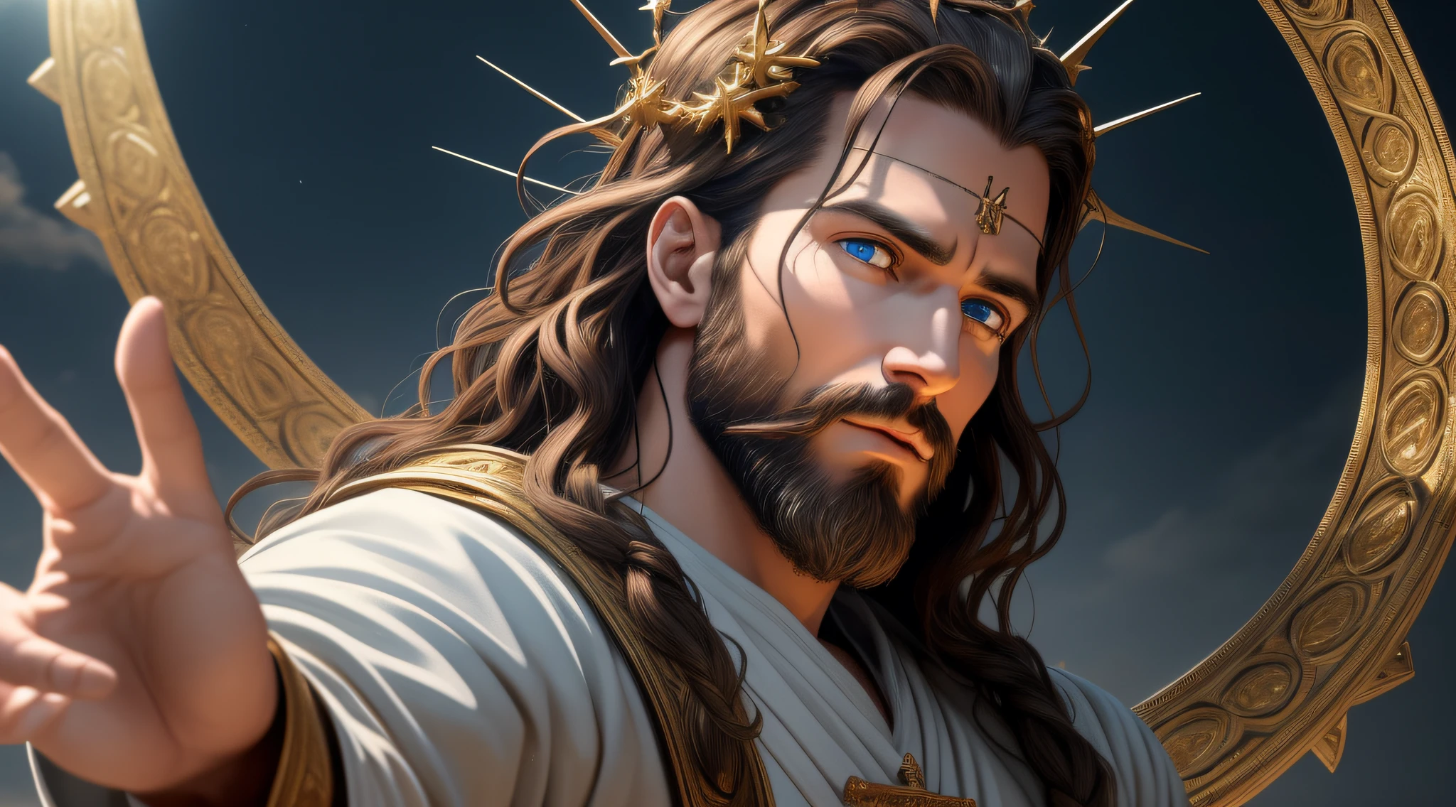 (extremely detailed CG 8k wallpaper unit, masterpiece, best quality, ultra-detailed), better lighting, better shadow, an extremely delicate and beautiful, floating, [(1 figure), jesus on the cross, crown of thorns, savior, (beard), (blue eyes), (divine light), outstretched hands, (nail wounds, hands), dramatic angle], (vastness), (sacred atmosphere).