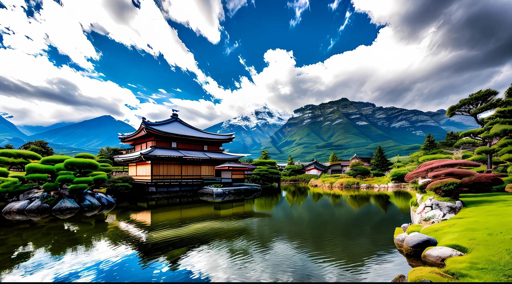 Small main Japanese house by the storage lake, beautiful clouds, moutain, RAW photo, realistic, reflection light, UHD, award winning, super detail, high details, 16k