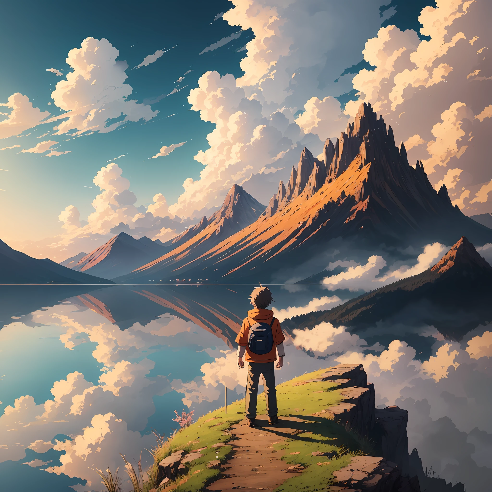 A learning English standing on a mountain overlooking the lake With headphones, clouds of English letters floating in the sky Anime style painting, anime landscape wallpaper, orange tones Beautiful Art UHD 8K, 8K HD Illustration Wallpaper, Anime Art Wallpaper 8K, 4K Detailed Digital Art, 8K High Quality Detail Art, Anime Art Wallpaper 4K, Anime Art Wallpaper 4K, Anime Landscape, Dream Landscape, Landscape Wallpaper oc Renderer C4D --auto --s2