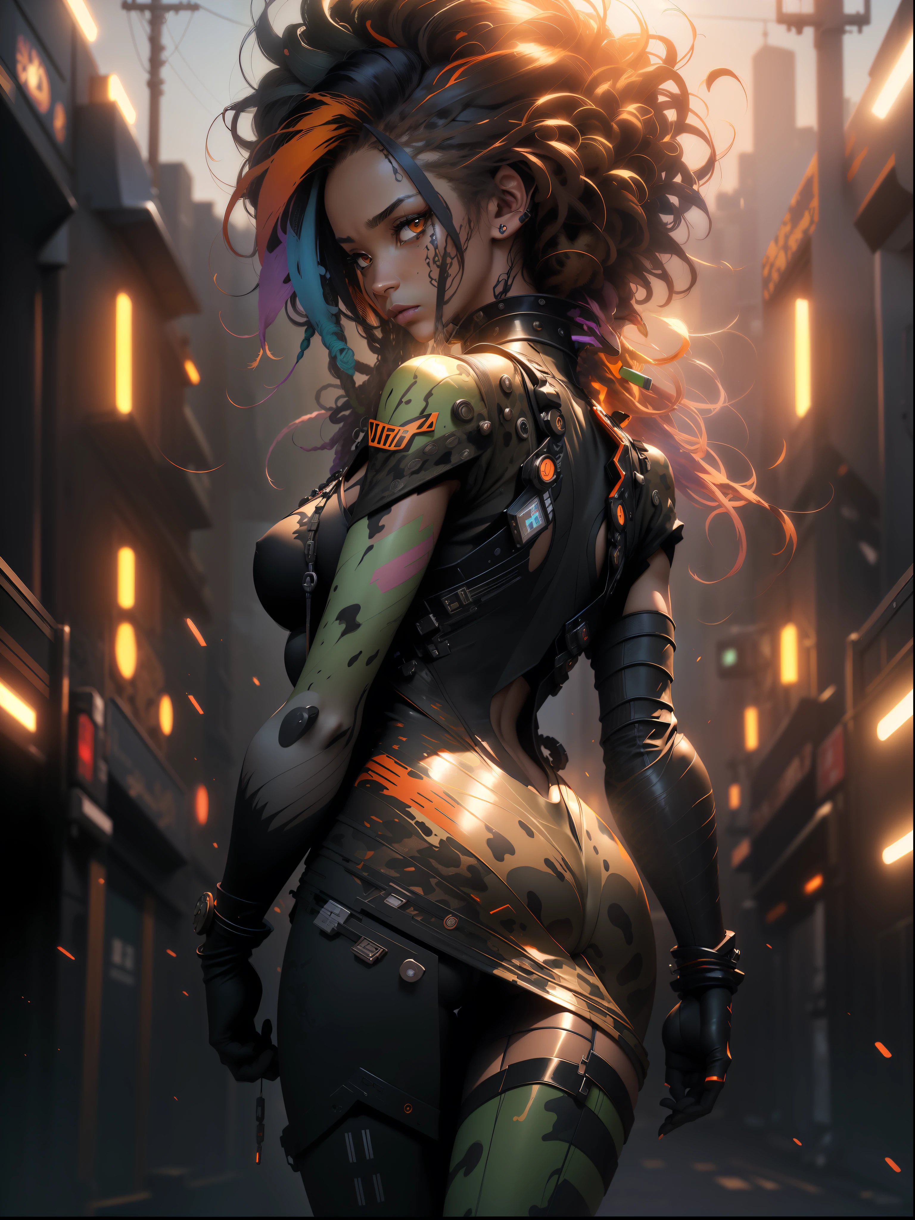 ((Best quality)), ((masterpiece)), (detailed: 1.4), (Absurd), Zulu warrior, leopard, (((back))), ((perfect ass)), African bracelets and necklaces, black skin, cybernetic hands, Leopard skin camouflage clothing, color explosion, cosmic tattoo, nebulous, defined muscular sculptural body, whole body, half-thick bare thighs, closed mouth, body covered by technological clothing, Neon Genesis Evangelion style, cyberpunk, generous neckline, ((perfect medium breasts)), (super light brown eyes), ((clothing with leopard skin camouflage)), (((black and orange hair with Rastafari locks)), long and black eyelashes heavy makeup, various African jewelry, bare legs, by mucha, niji --V5, close to real, psychopath, crazy face, sexy pose, fractal background, 2 piece clothing, pastel, centered, scale to fit the dimensions, HDR (High Dynamic Range),Ray Tracing,NVIDIA RTX,Super-Resolution,Unreal 5,Subsurface Dispersion, PBR Texture, Post-processing, Anisotropic filtering, Depth of field, Maximum clarity and sharpness, Multilayer textures, Albedo and specular maps, Surface shading, Accurate simulation of light-material interaction, Perfect proportions, Octane Render, Two-tone lighting, Wide aperture, Low ISO, White balance, Rule of thirds, 8K RAW, crysisnanosuit