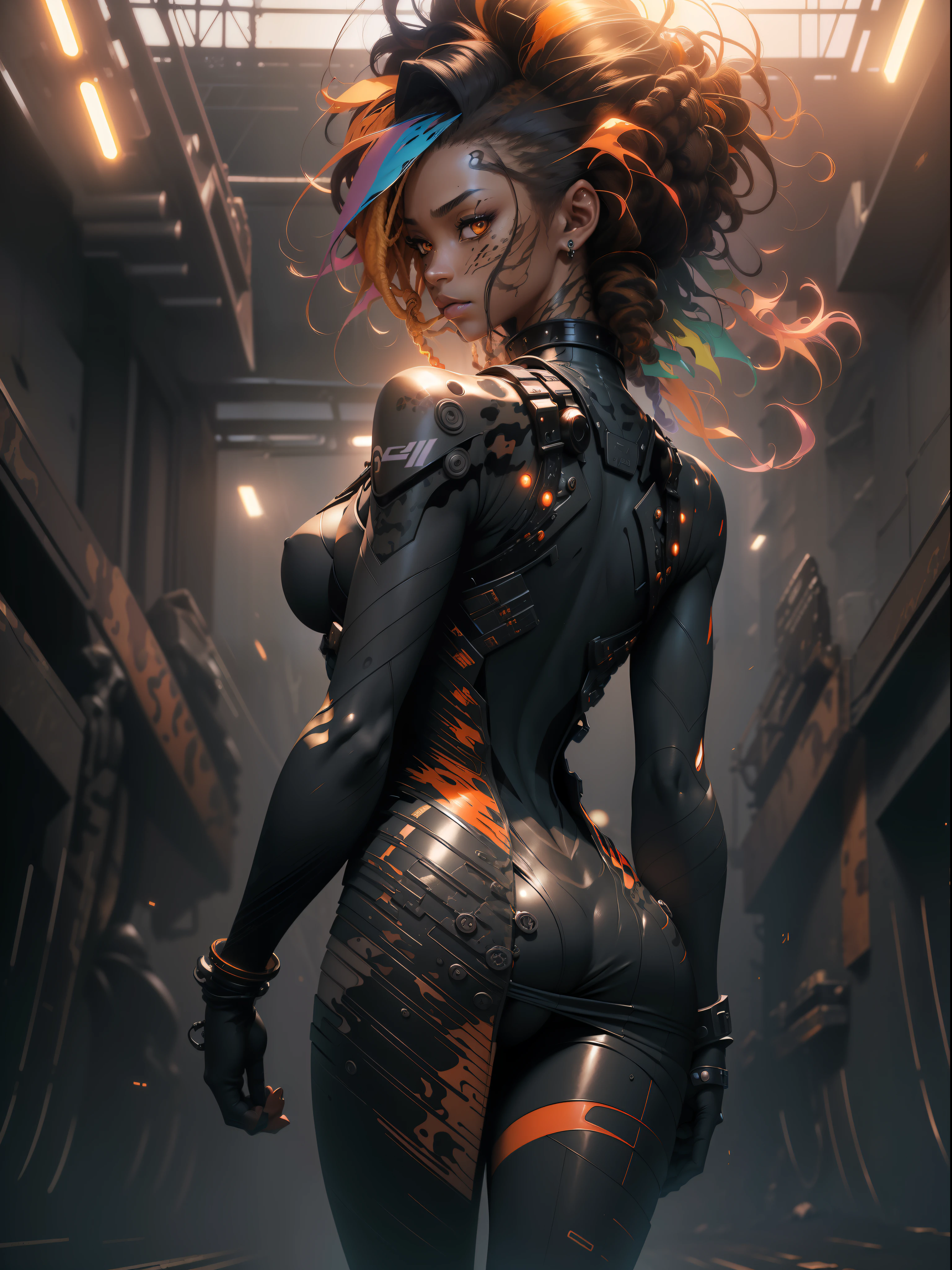 ((Best quality)), ((masterpiece)), (detailed: 1.4), (Absurd), Zulu warrior, leopard, (((back))), ((perfect ass)), African bracelets and necklaces, black skin, cybernetic hands, Leopard skin camouflage clothing, color explosion, cosmic tattoo, nebulous, defined muscular sculptural body, whole body, half-thick bare thighs, closed mouth, body covered by technological clothing, Neon Genesis Evangelion style, cyberpunk, generous neckline,  ((perfect medium breasts)), (super light brown eyes), ((clothing with leopard skin camouflage)), (((black and orange hair with Rastafari locks)), long and black eyelashes heavy makeup, various African jewelry, bare legs, by mucha, niji --V5, close to real, psychopath, crazy face, sexy pose, fractal background, 2 piece clothing, pastel, centered, scale to fit the dimensions,  HDR (High Dynamic Range),Ray Tracing,NVIDIA RTX,Super-Resolution,Unreal 5,Subsurface Dispersion, PBR Texture, Post-processing, Anisotropic filtering, Depth of field, Maximum clarity and sharpness, Multilayer textures, Albedo and specular maps, Surface shading, Accurate simulation of light-material interaction, Perfect proportions, Octane Render, Two-tone lighting, Wide aperture, Low ISO, White balance, Rule of thirds,  8K RAW, crysisnanosuit