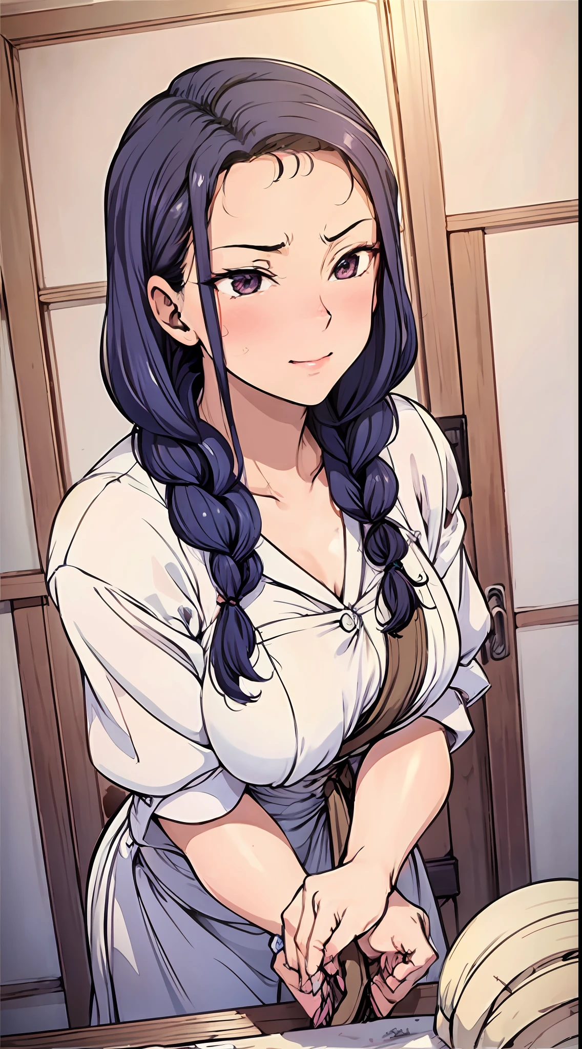 Close-up of a housewife cleaning her room, eyes not looking at the camera, shy look, blushing mother, a braid, smooth skin, very detailed clothes, intriguing suit, extremely high detail, random action, interior scene, big breasts