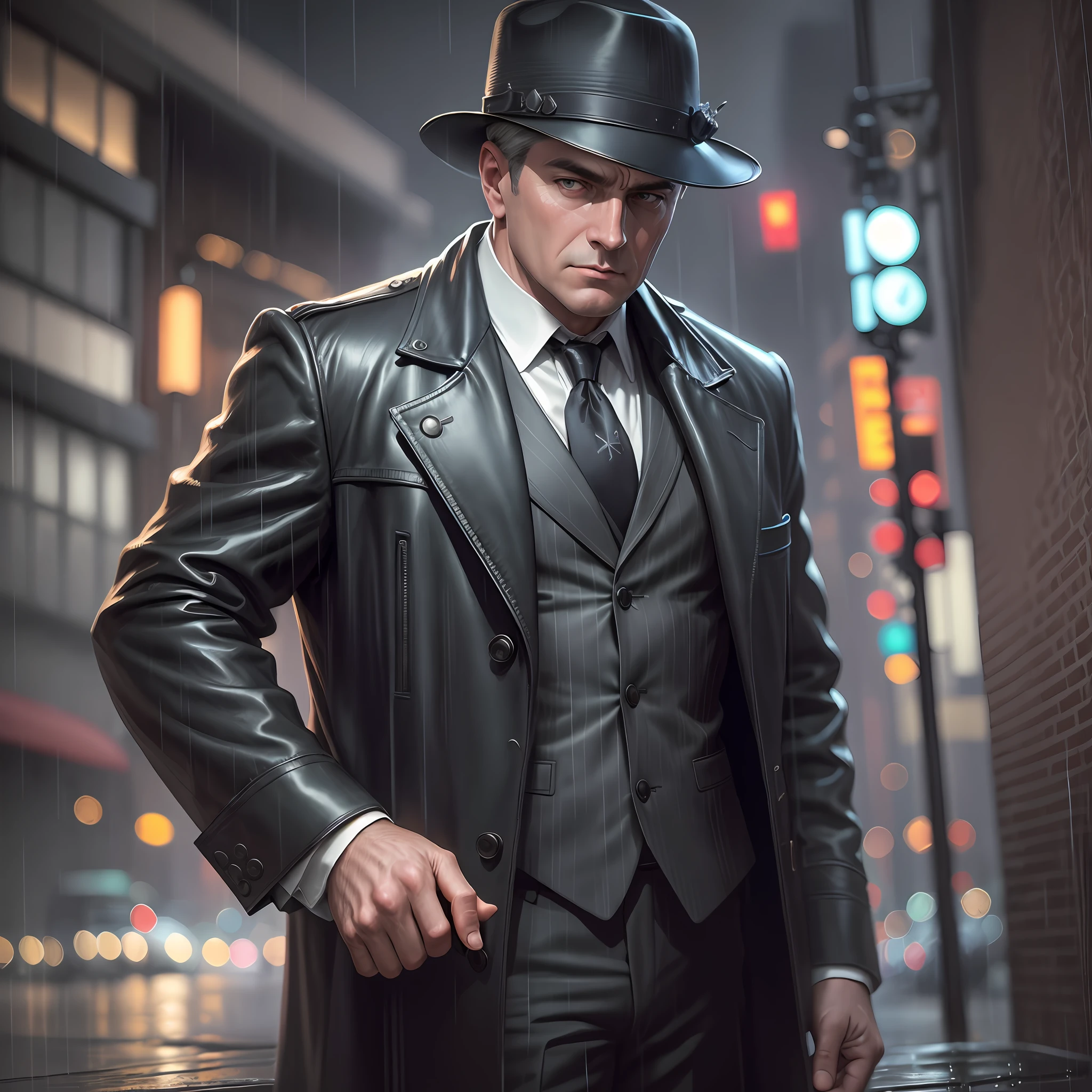 (masterpiece,best quality: 1.2), ultra-detailed face, (muted colours:1.2, dark studio, rim lighting, two tone lighting, dimly lit, low key,  ), ((heavy rain weather)),long leather rain coat,
 a poster for a 1930s \(style\),  noir detective movie,(noir atmosphere:1), gloomy atmosphere,night city street, emphasis on noir colors, New York in the 1930s, and Detective Jack Sullivan  just returned to his office after a long day of pounding the pavement, trying to solve the latest case that had been thrown his way. It was a tough one, and he was no closer to finding the perpetrator than he was when he started,trending on ArtStation, trending on CGSociety, Intricate, High Detail, dramatic, photorealistic painting art by midjourney and greg rutkowski,