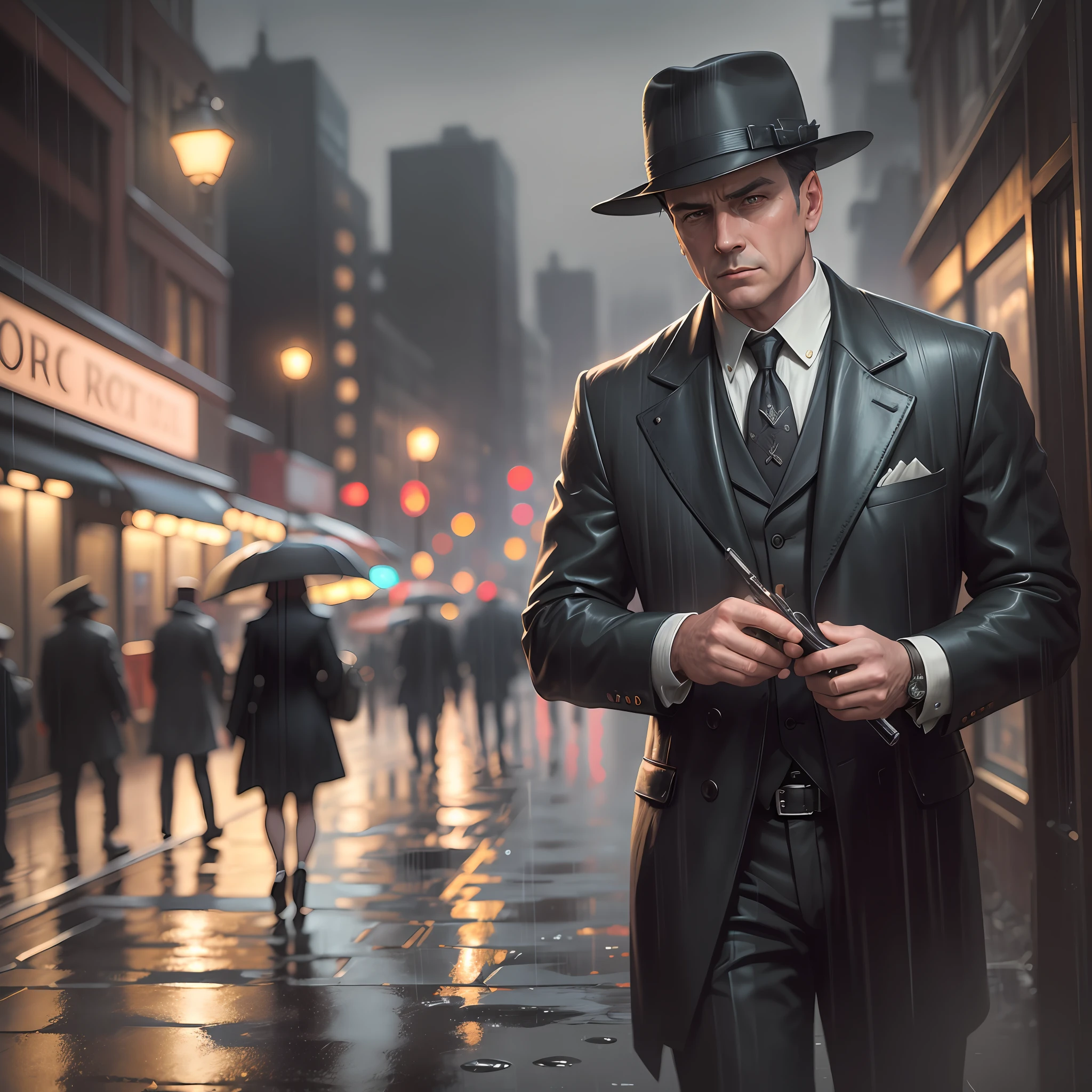 (masterpiece,best quality: 1.2), ultra-detailed face, (muted colours:1.2, dark studio, rim lighting, two tone lighting, dimly lit, low key, ), ((heavy rain weather)),long leather rain coat,
a poster for a 1930s \(style\), noir detective movie,(noir atmosphere:1), gloomy atmosphere,night city street, emphasis on noir colors, New York in the 1930s, and Detective Jack Sullivan just returned to his office after a long day of pounding the pavement, trying to solve the latest case that had been thrown his way. It was a tough one, and he was no closer to finding the perpetrator than he was when he started,trending on ArtStation, trending on CGSociety, Intricate, High Detail, dramatic, photorealistic painting art by midjourney and greg rutkowski,