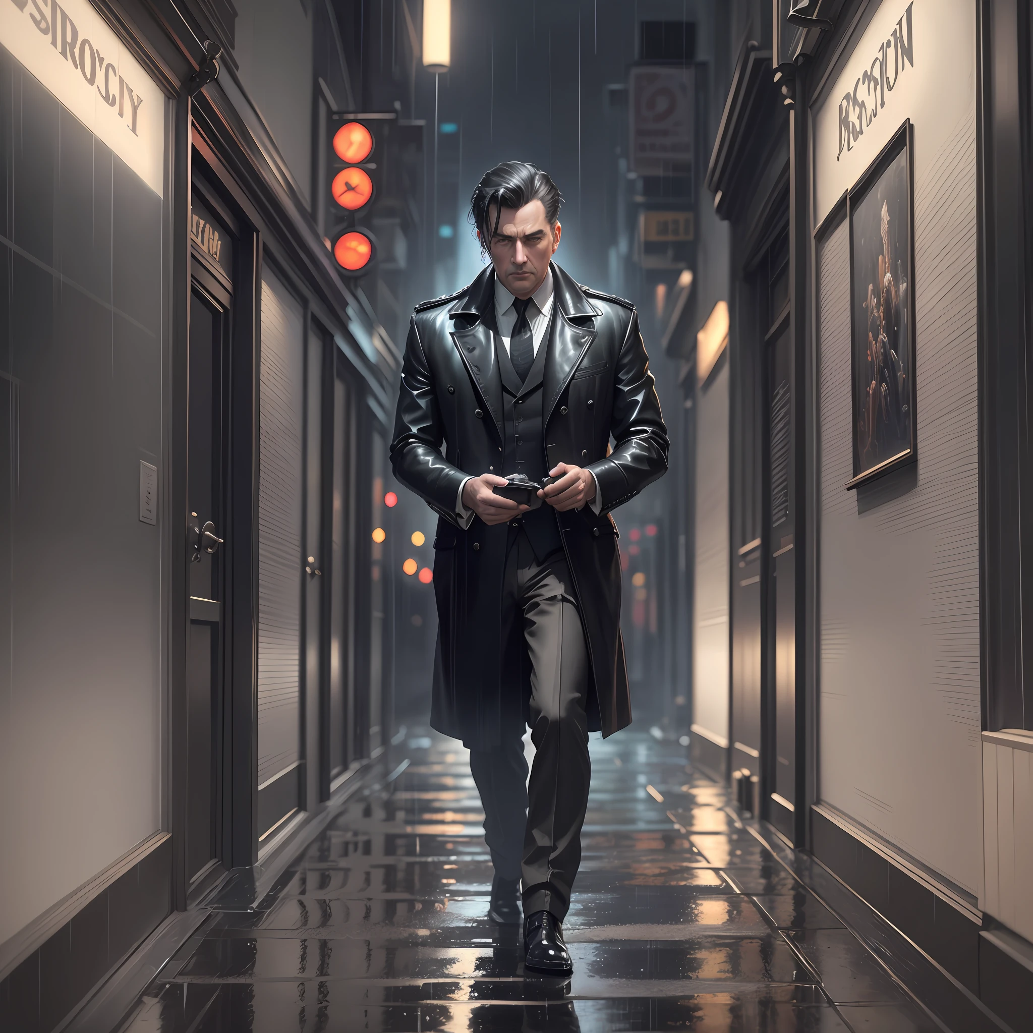 (masterpiece,best quality: 1.2), ultra-detailed face, (muted colours:1.2, dark studio, rim lighting, two tone lighting, dimly lit, low key,  ), ((heavy rain weather)),long leather rain coat,
 a poster for a 1930s \(style\),  noir detective movie,(noir atmosphere:1), gloomy atmosphere,night city street, emphasis on noir colors, New York in the 1930s, and Detective Jack Sullivan  just returned to his office after a long day of pounding the pavement, trying to solve the latest case that had been thrown his way. It was a tough one, and he was no closer to finding the perpetrator than he was when he started,trending on ArtStation, trending on CGSociety, Intricate, High Detail, dramatic, photorealistic painting art by midjourney and greg rutkowski,