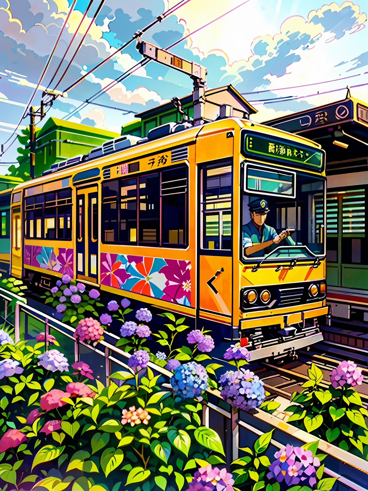 (Best Quality: 0.8), (Best Quality: 0.8), Perfect Anime Line Drawing Illustration, Arakawa Line, Tram, Rose Flower, Hydrangea, (Driver in Duty Uniform), Evening Tone, Lo-Fi, Lofi, Roffey, Orange Tone