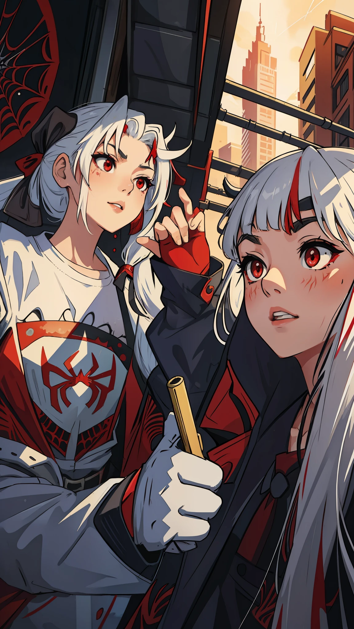 (masterpiece, best quality), intricate details, 8k, artstation, wallpaper, official art, splash art, sharp focus,
1girl, Nakiri Ayame, long hair, twintails, red eyes, white hair,
spider suit, spider web print, spider web,
skyscrappers, city, buildings, cars, street,