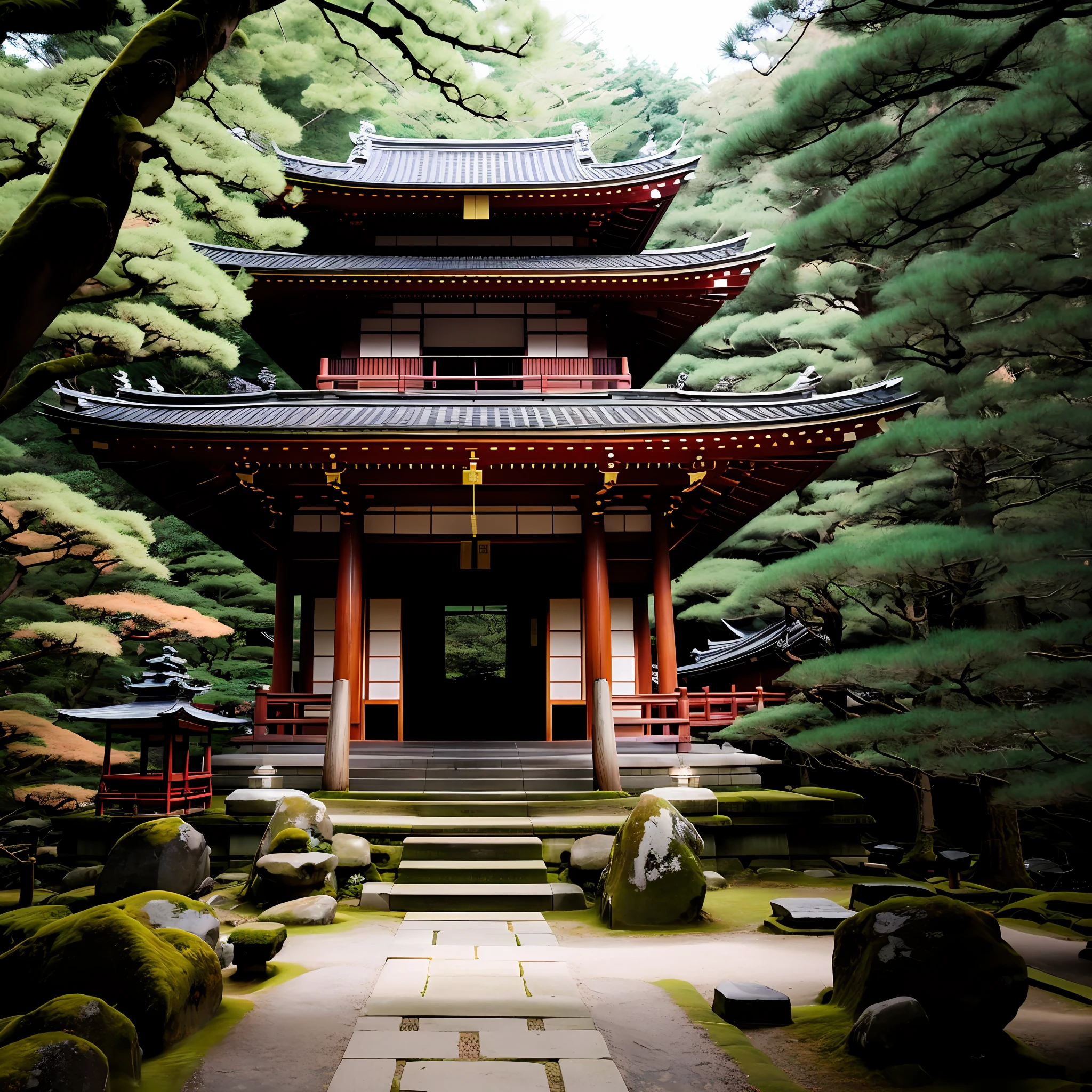 japanese temple in the middle of the forest,