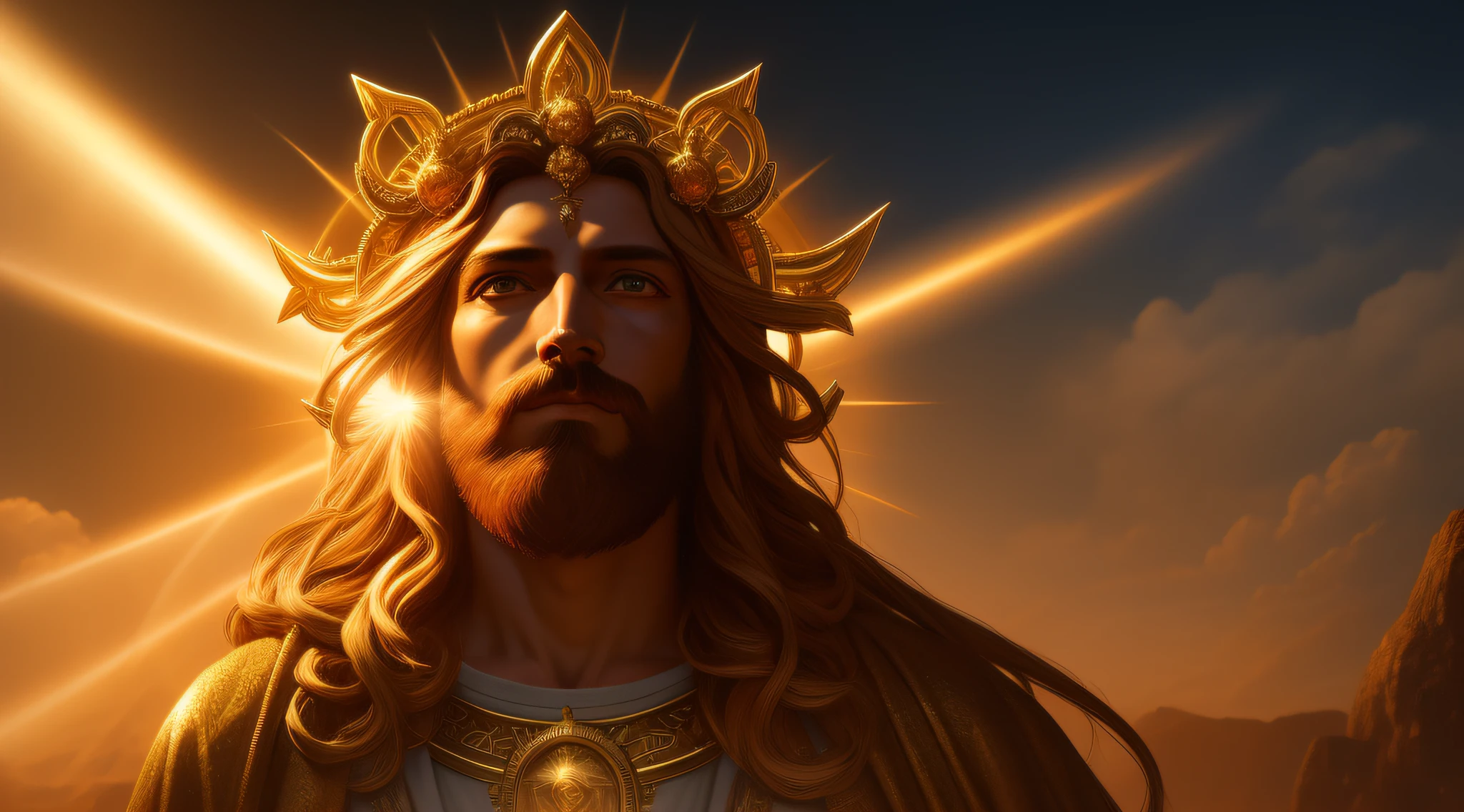 highly detailed portrait of a jesus christ sun god halo of light, gold, unreal engine, art by mark ryden, lostfish, earl norem, global illumination, god rays, detailed and intricate environment, elden ring style