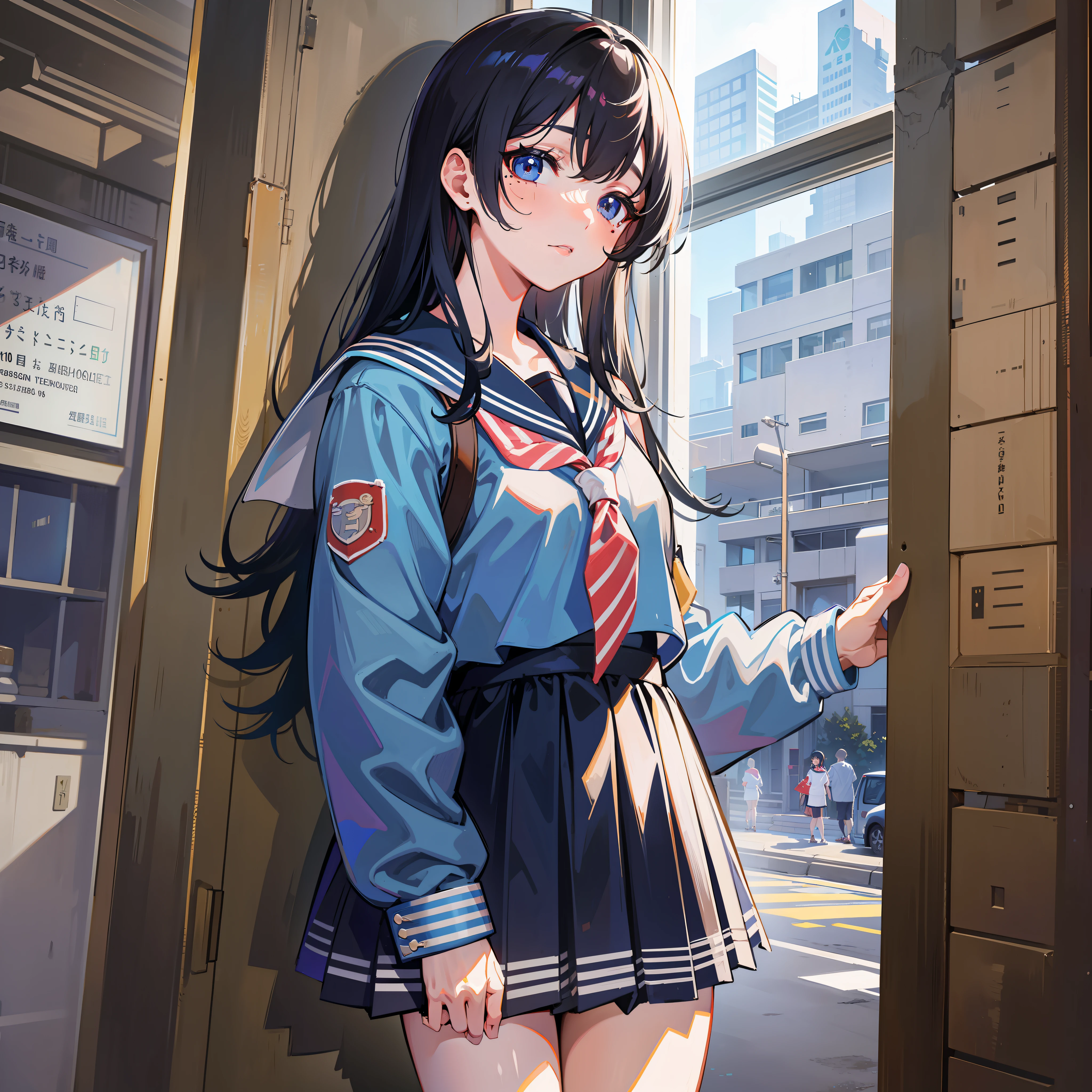 Striped hair, high school student, girl, sailor suit, mullet, mole under eyes, embossed, fuji, uhd, super detail, masterpiece, ccurate, anatomically correct, award-winning, high quality, 1080p