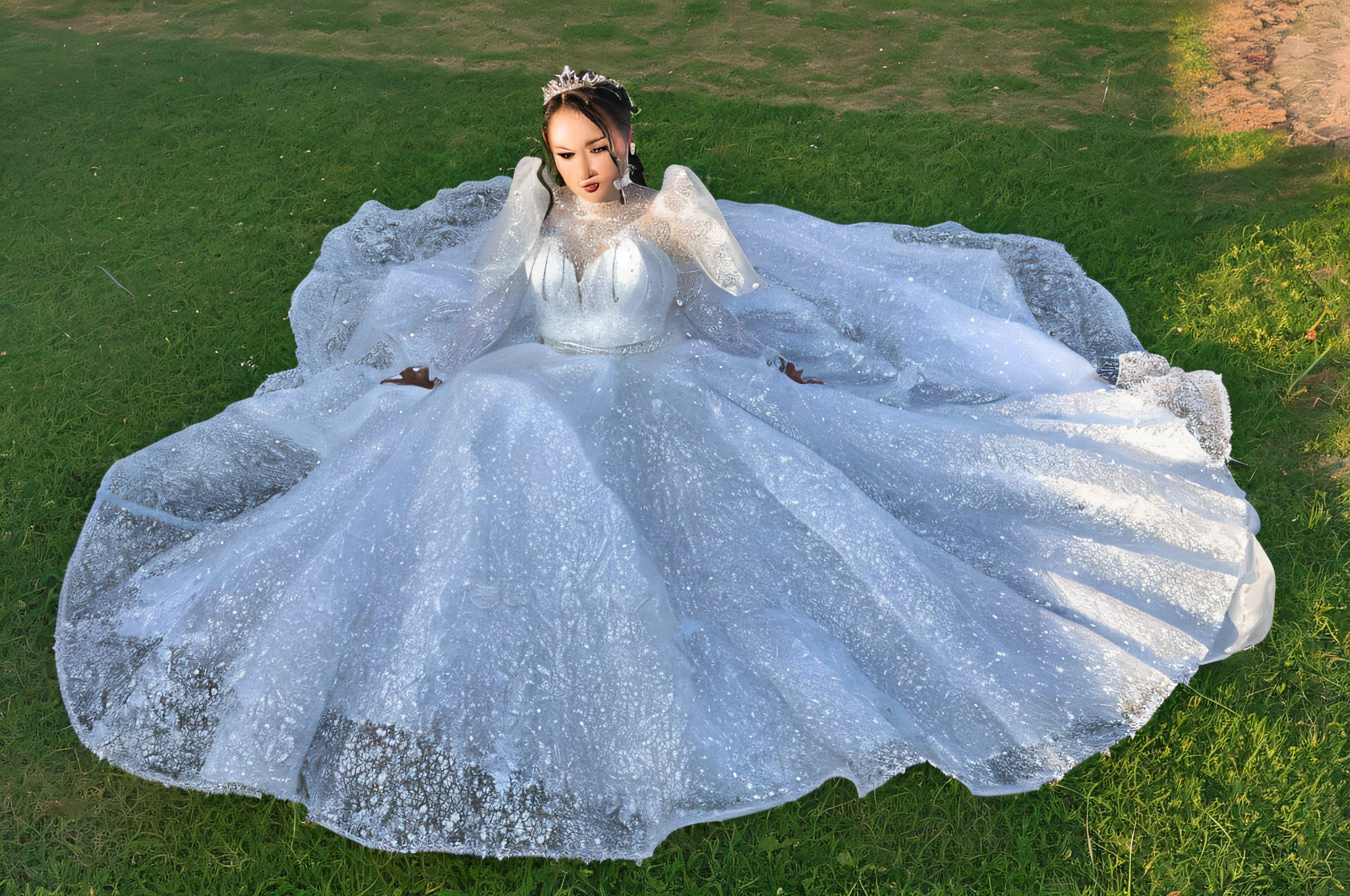 there is a woman in a wedding dress sitting on the grass, full dress, expensive voluminous dress, wearing organza gown, wearing translucent sheet, fantasy dress, white royal dress, magical dress, wearing a sparkling dress, white regal gown, wearing a dress made of water, royal gown, 2 0 2 0 fashion, extravagant dress, 8k))