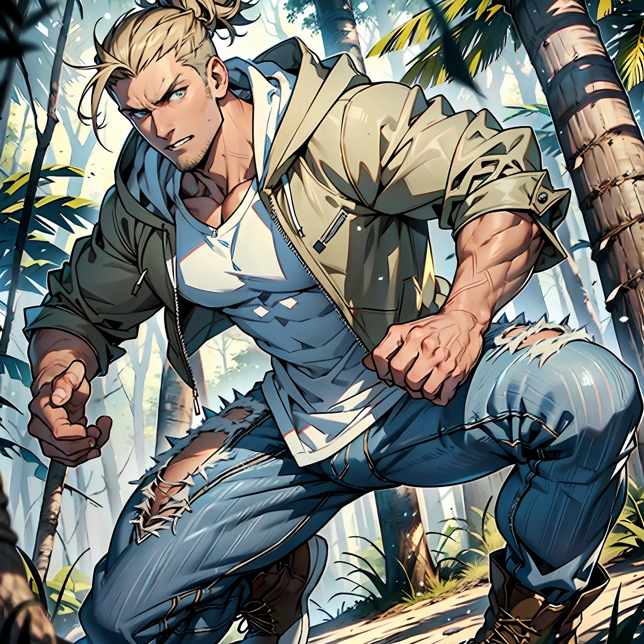 Muscular man, strong physique, gray hooded jacket, long light blue pants, white boots, spiky brown hair, spiky topknot, short hair, light yellow colored eyes, outgoing appearance, white bands on his hands, excited look, mystical forest, close to feéricos, man in his 30s.