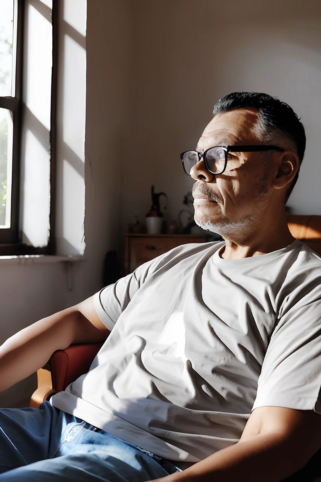 guttonerdvision4, man with glasses, old house, sitting in comfortable armchair, streak of sunlight hitting his face, casual pose, aesthetic, intricate, caustic, rays of light, sunlight