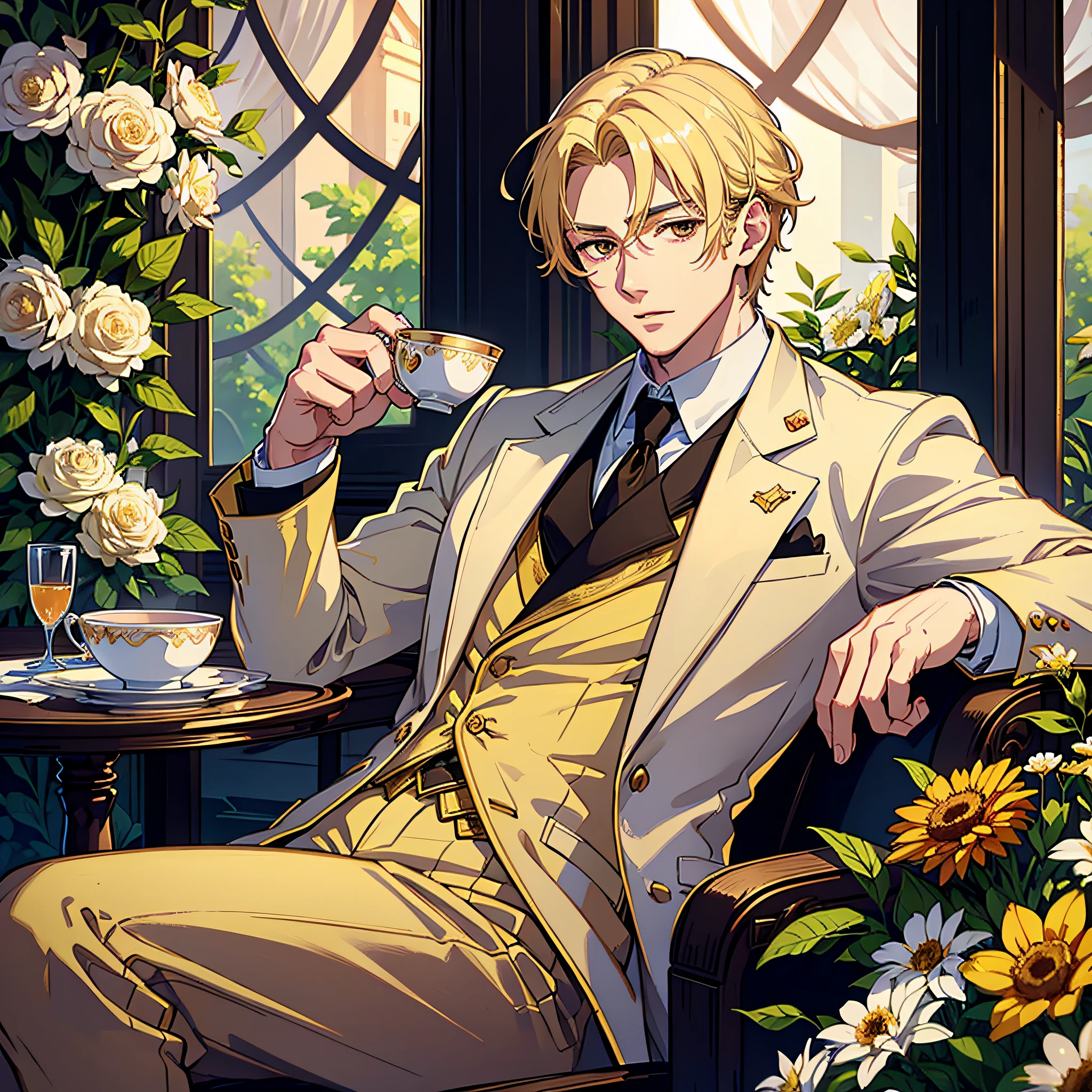 Blonde Man, Honey Eyes, Handsome, Royalty, Nobility, Nobleman, Drinking Tea, High Quality, Highly Detailed, Brown Eyes, Lights, Flowers, Delicate, White Suit, Sitting