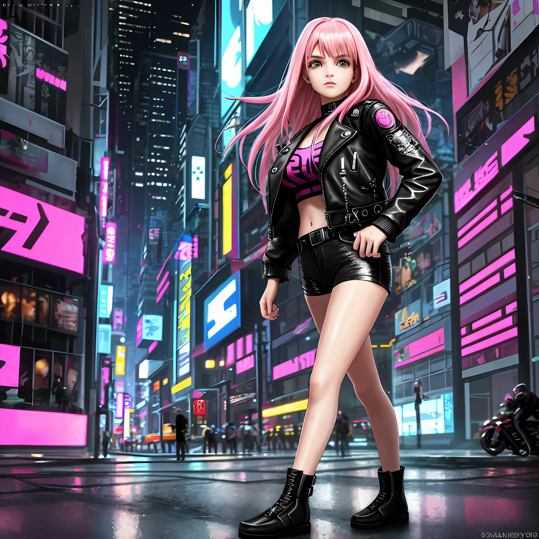 Cyberpunk 1 Girl Leather Jacket Long Hair City Cute Pink Hair