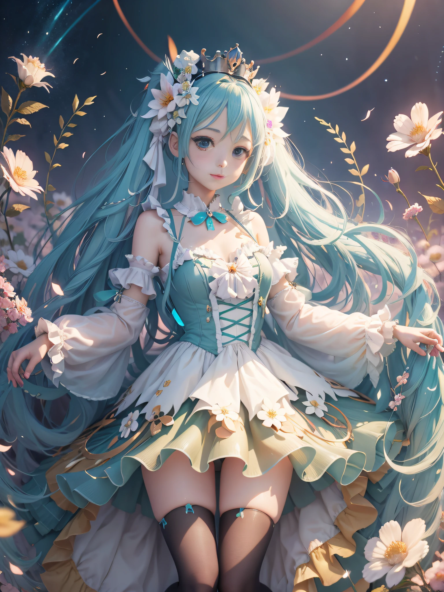 miku,medium_chest,princess_dress,colourful_stages,crown,masterpiece,full_body,white_thighhighs,extremely_detailed_CG_unity_8k_wallpaper,solo,1girl,lights,flower in air,happy,arm behind back,