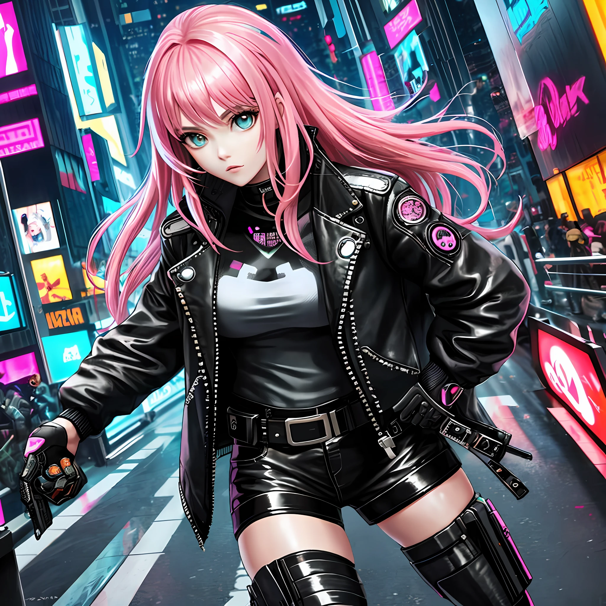 Cyberpunk 1 Girl Leather Jacket Long Hair City Cute Pink Hair