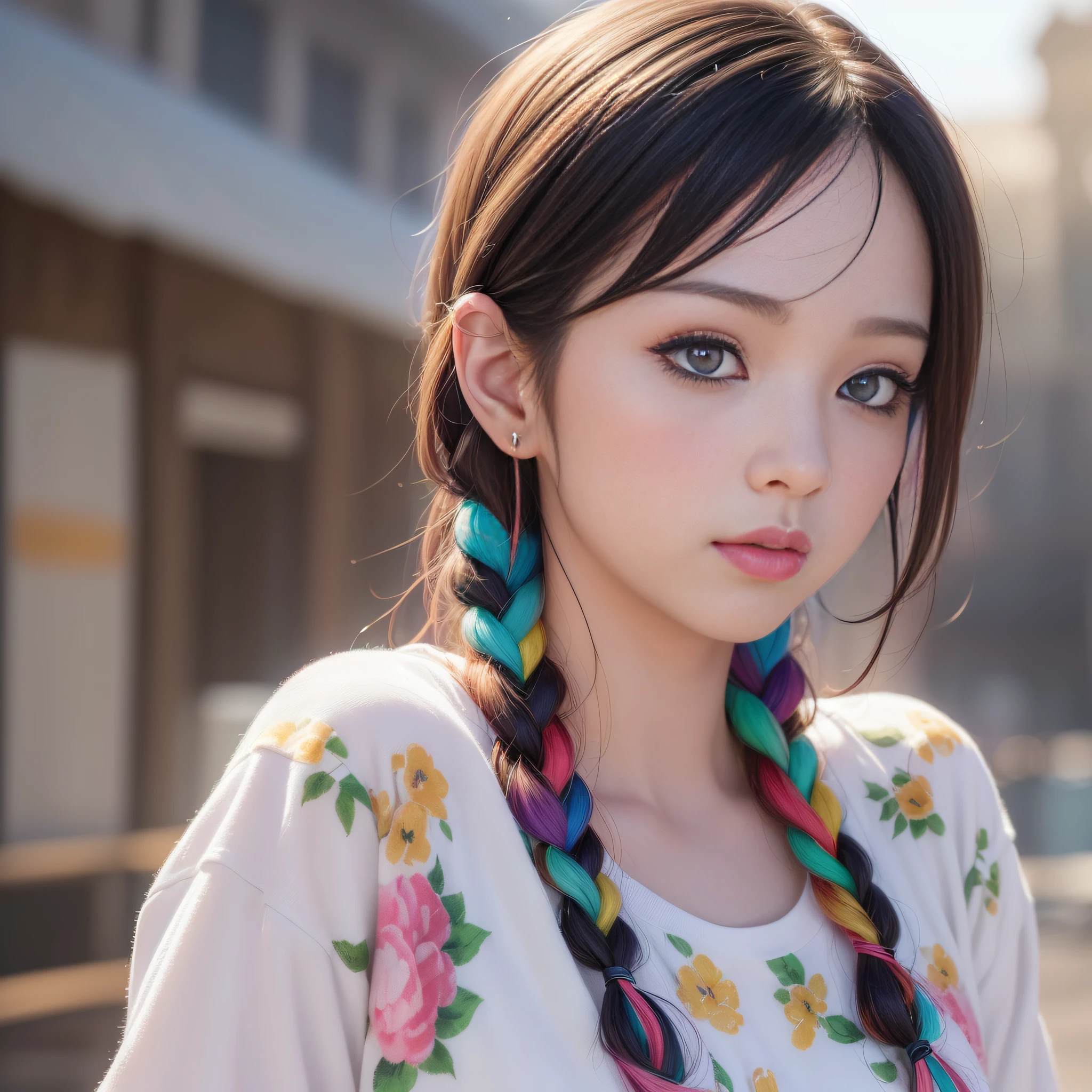 HD, 4K, professional photography, regular perspective, ((((colorful character screen))), close-up of a beautiful playful Chinese girl with short hair, black pupils, clear face, Chinese elegant girl, clean and tidy picture, crystal clear picture sense, (((((beautiful)))), (colorful hair: 60), kawaii realistic portrait, upper body, upper body portrait, waist above photo, (front face photo: 20), colorful braids, Realistic hair, colorful headband, beautiful anime style, pure white background, white short sleeves, simple pattern on clothes, realistic anime art style, beautiful anime portrait, realistic art style, [stunning real face portrait, colorful]", vibrant fantasy style, cute art style, vibrant realistic color, object as the core, digital art, realistic style, live-action CG, looking at the audience, stunning visual masterpiece.