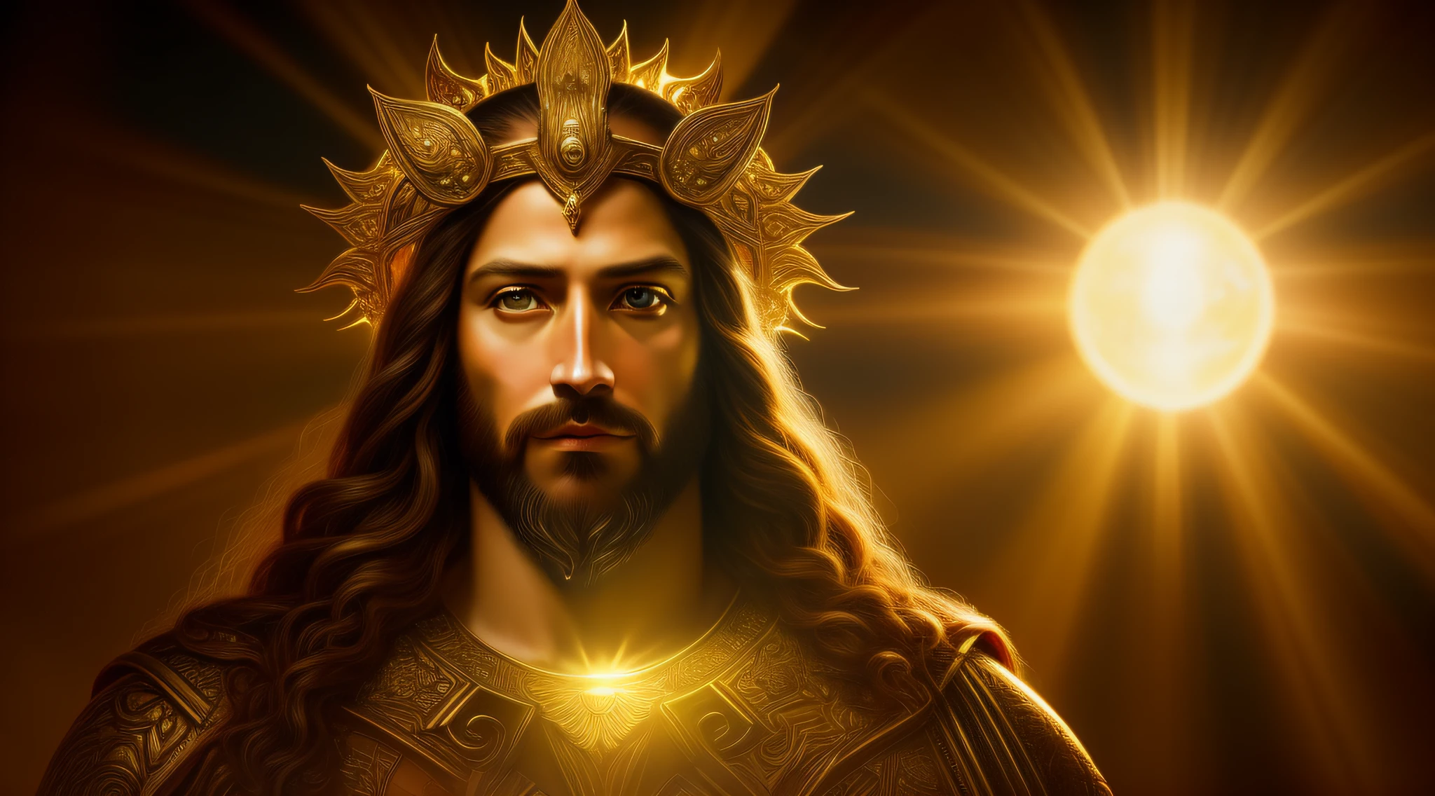 highly detailed portrait of a jesus christ sun god halo of light, gold, unreal engine, art by mark ryden, lostfish, earl norem, global illumination, god rays, detailed and intricate environment, elden ring style