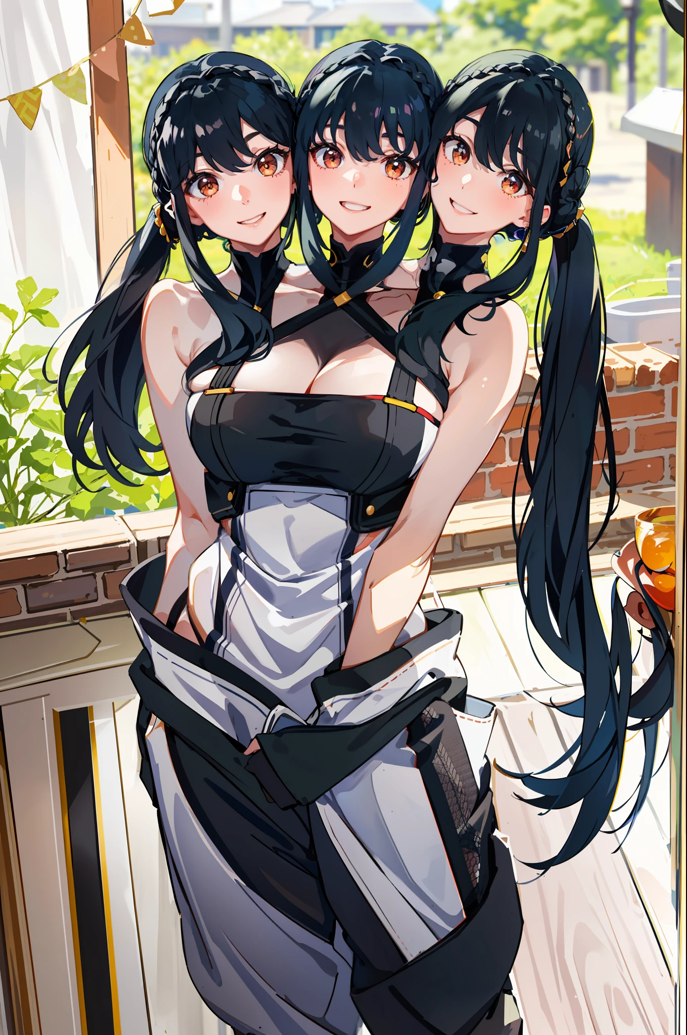 3heads, best quality, masterpiece
3 girls, black hair, identical hair color, smiling, necks side by side, three necks on shoulders, running, tanktop, sweatpants, outdoors
((three heads, 3head):1.5)