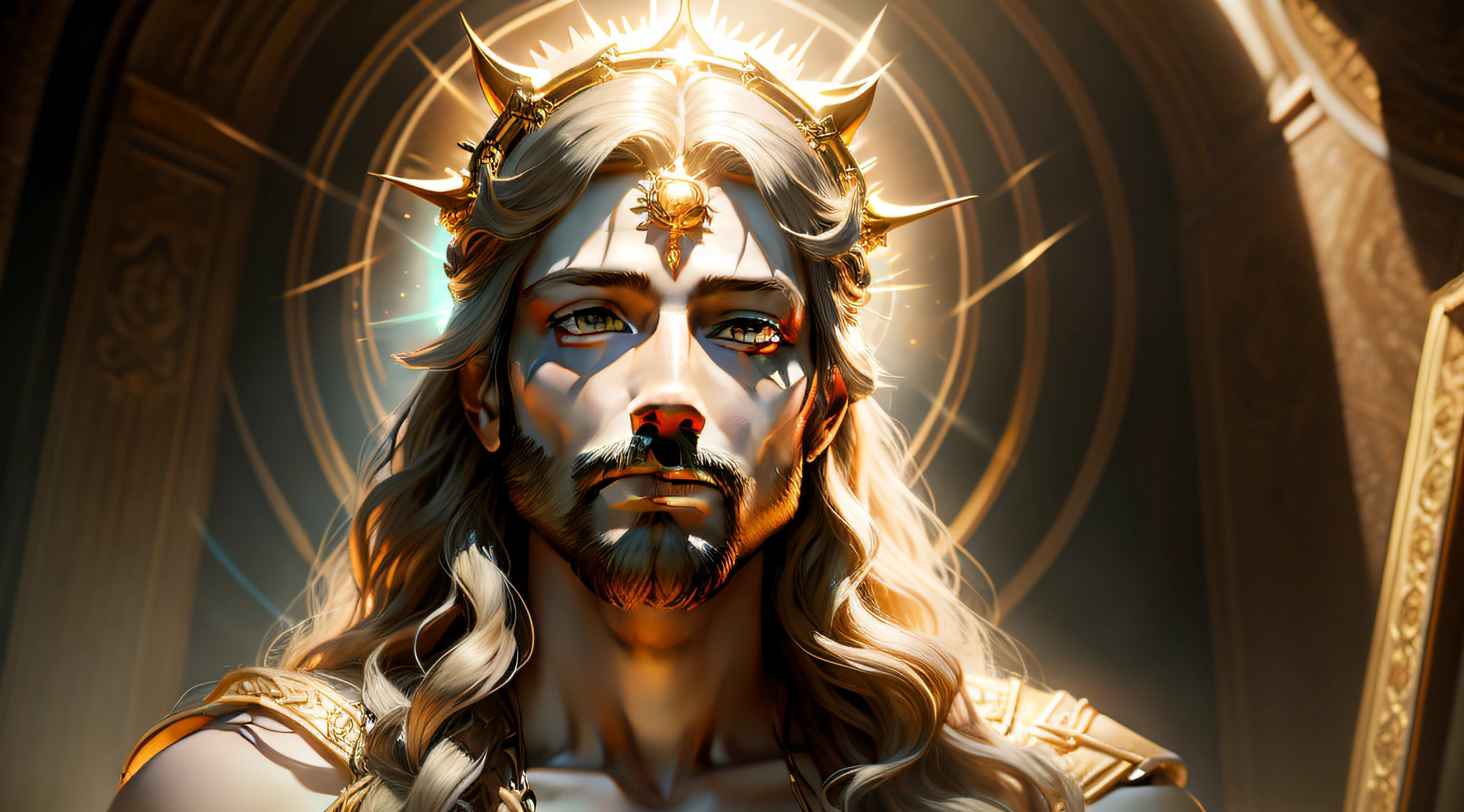 highly detailed portrait of a jesus christ sun god halo of light, gold, unreal engine, art by mark ryden, lostfish, earl norem, global illumination, god rays, detailed and intricate environment, elden ring style