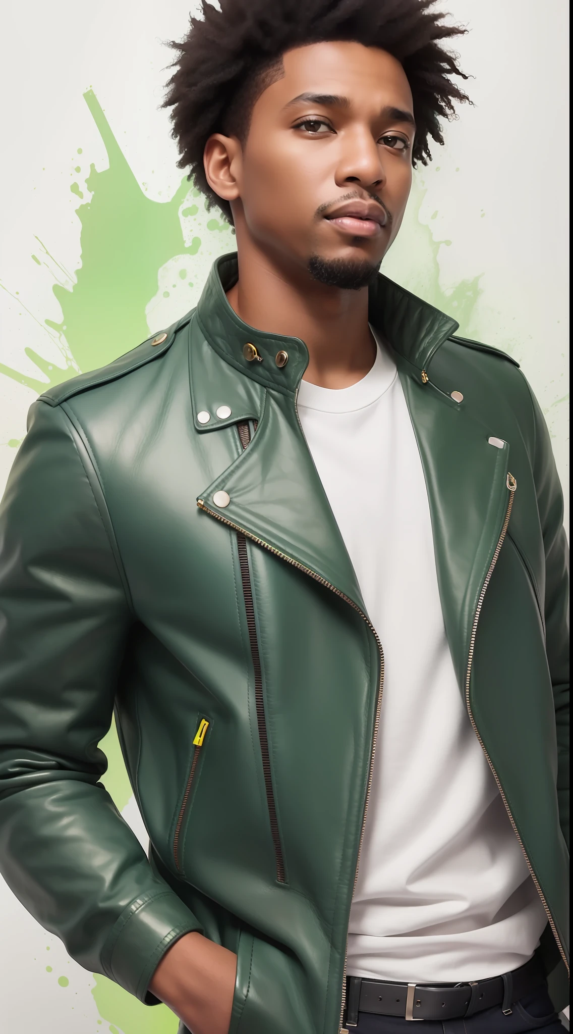 A black man with black hair and light green eyes, wearing yellow leather jacket, blue jeans and brown dress shoes, with scattered outlines and white background, intricate details, low key, watercolor, splash
