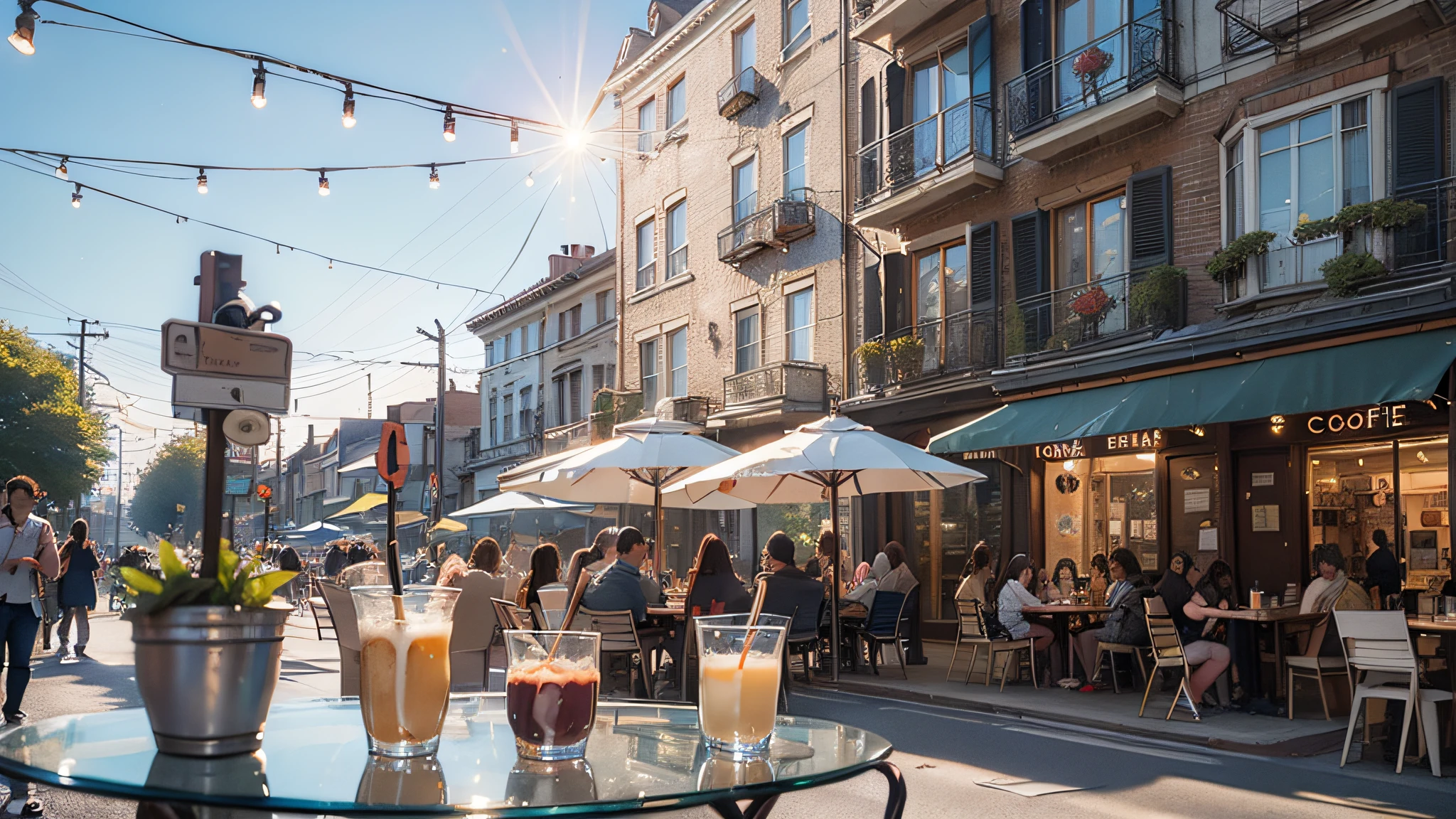 photo, café, (photorealistic: 1.4), (smooth lighting: 1.05), (improved lighting quality of movies: 0.9), road and street trees, daytime, (bright light: 1.2), glass table, coffee cup, ice cream,